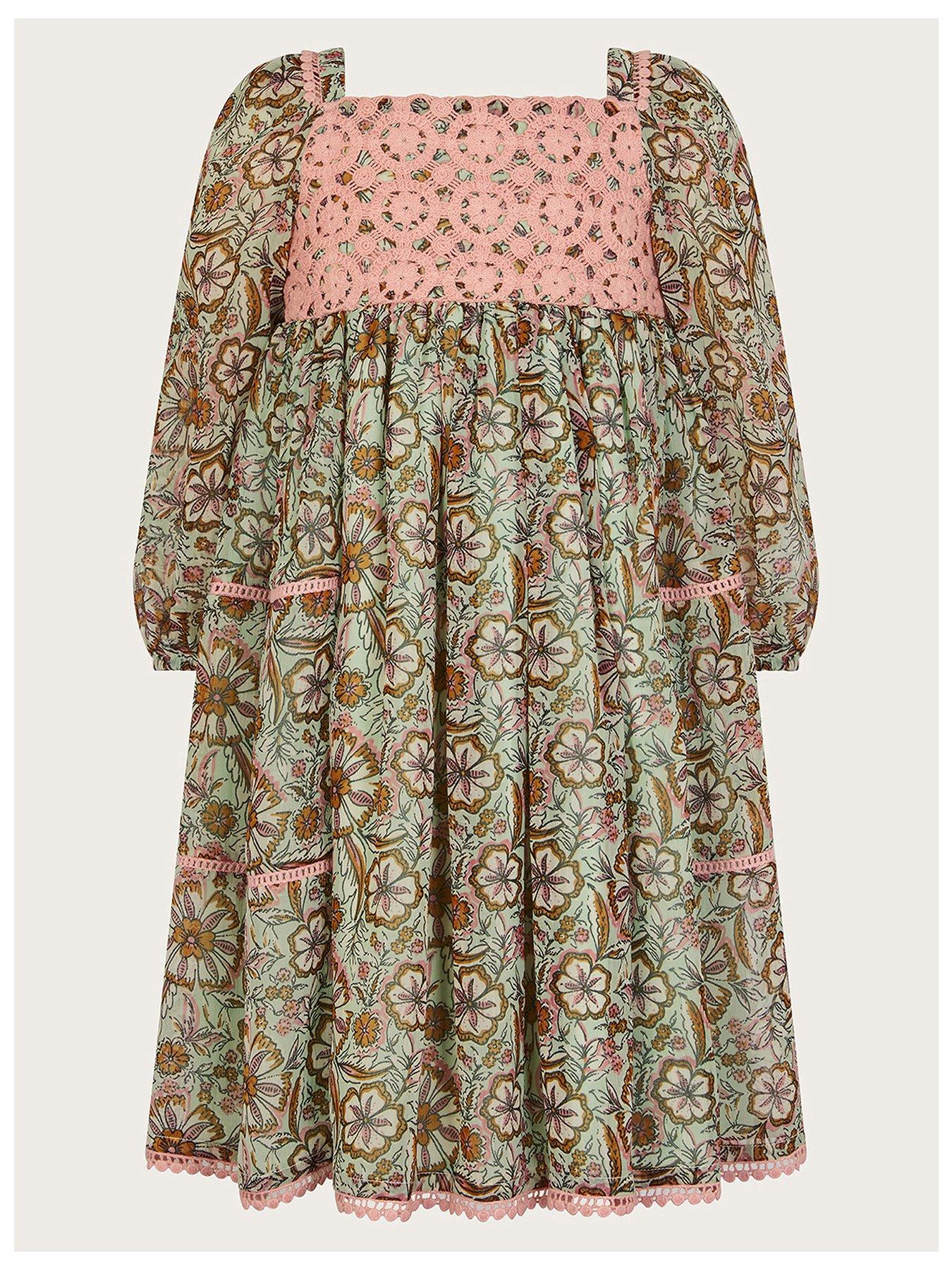 undefined Girls Long Sleeve Paisley Yoke Dress - Green