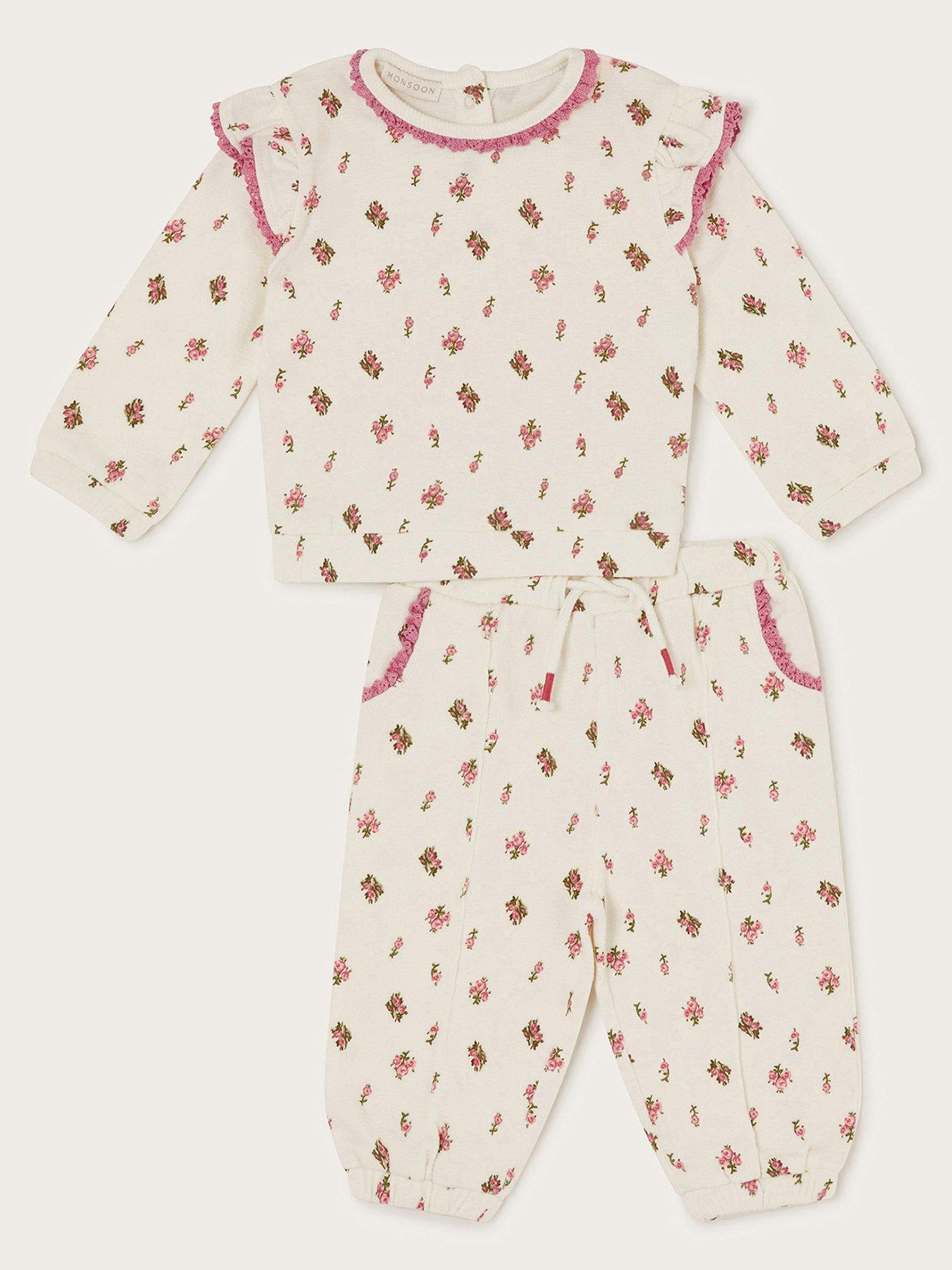 undefined Baby Girls Floral Frilly Sweatshirt And Joggers Set - Light Cream