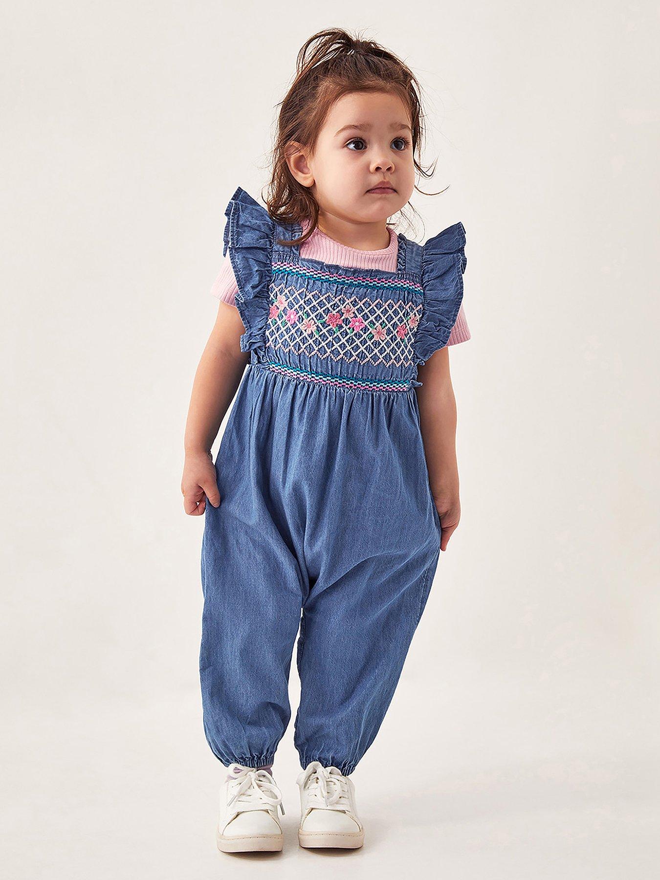 undefined Baby Girls Chambray Embroidered Romper - Blue