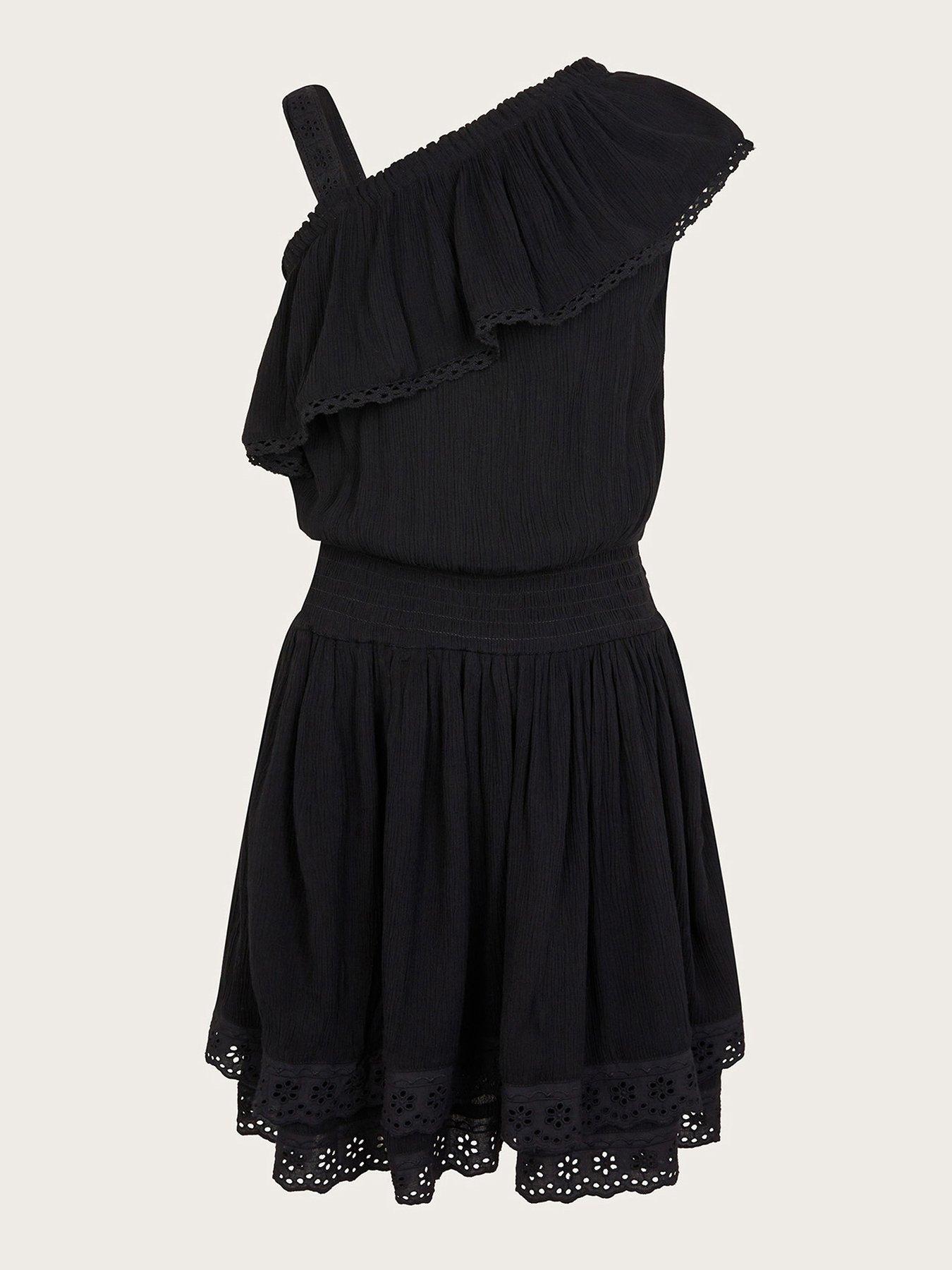 undefined Girls Asymmetrical Broderie Frill Dress - Black