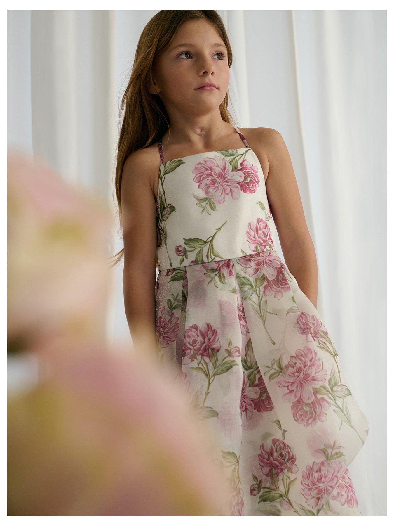 Image 1 of 4 of Monsoon Girls Strappy Peony Print Organza Dress - Light Cream