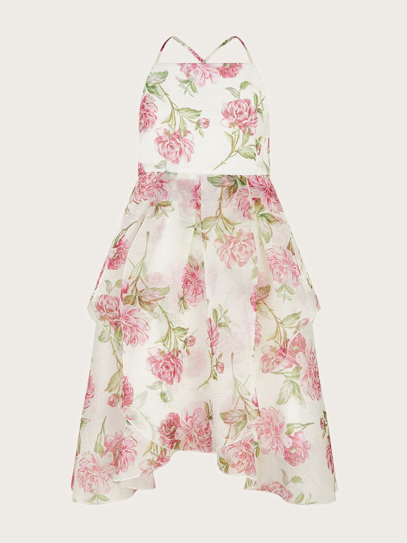 Image 2 of 4 of Monsoon Girls Strappy Peony Print Organza Dress - Light Cream