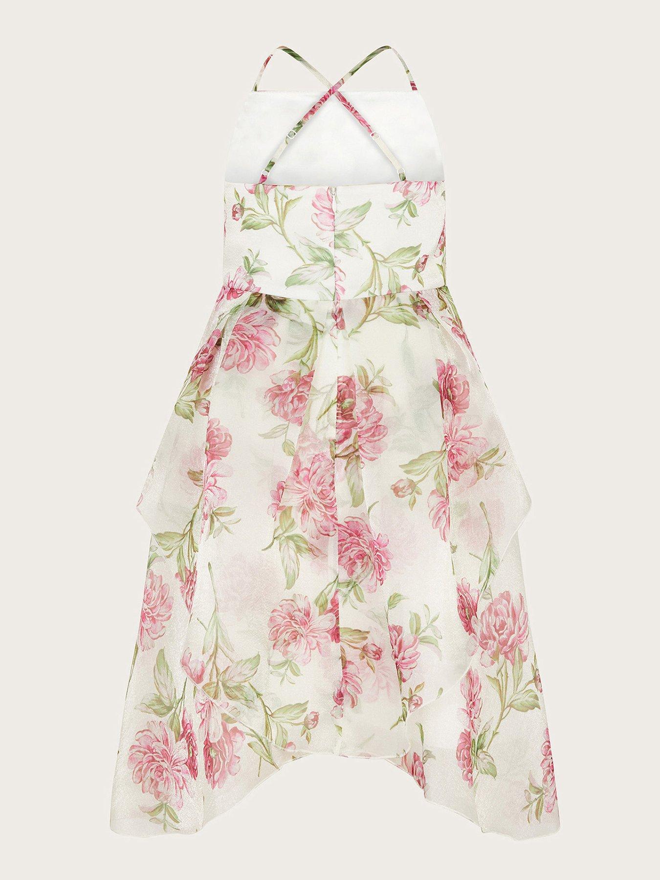 Image 3 of 4 of Monsoon Girls Strappy Peony Print Organza Dress - Light Cream