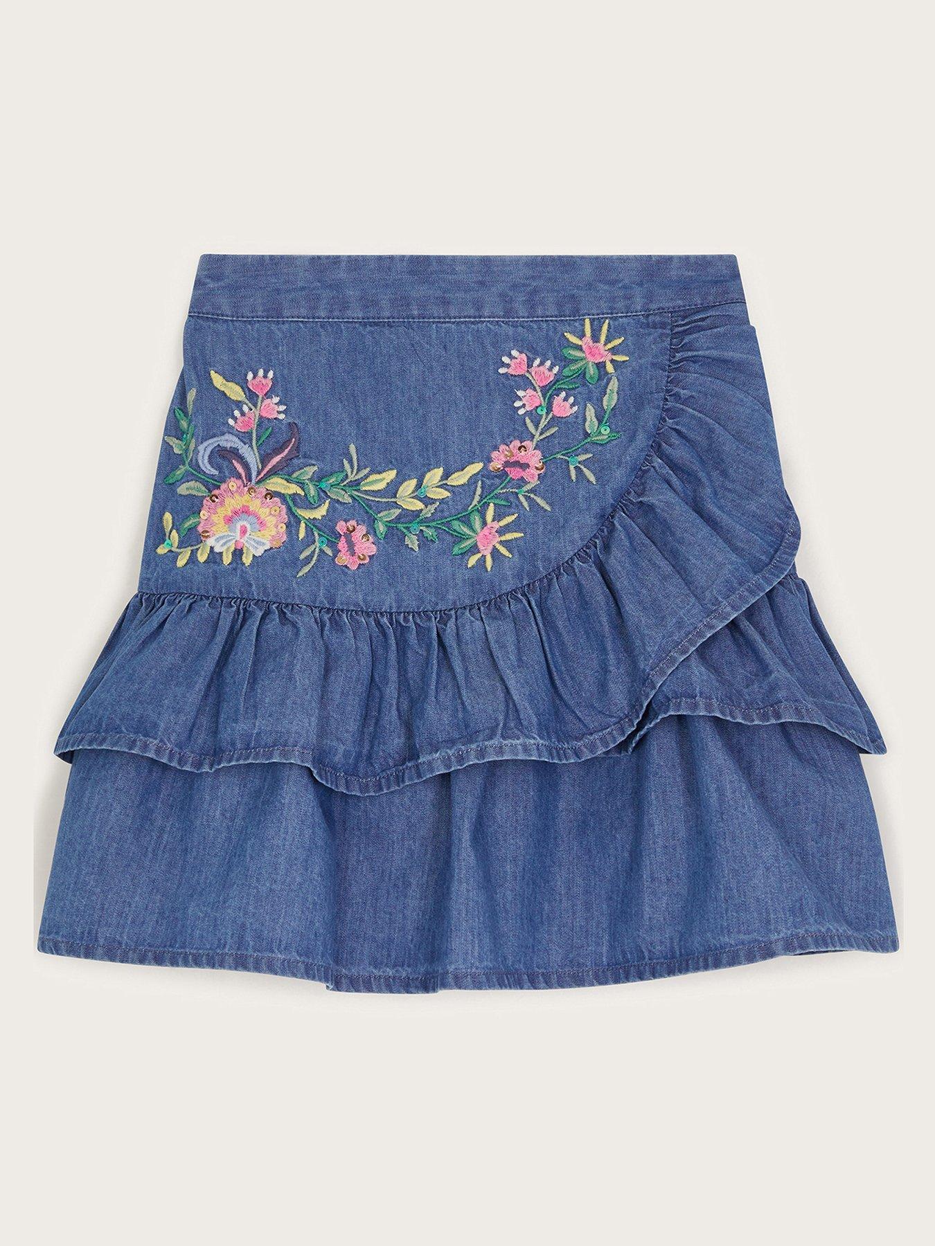 undefined Girls Chambray Embroidered Ruffle Skirt - Blue