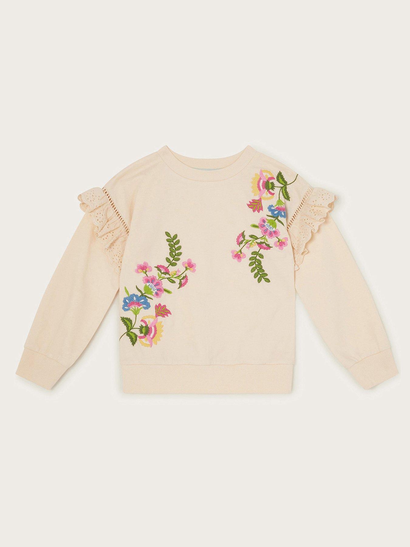 undefined Girls Floral Embroidered Ruffle Sweat Top - Light Cream