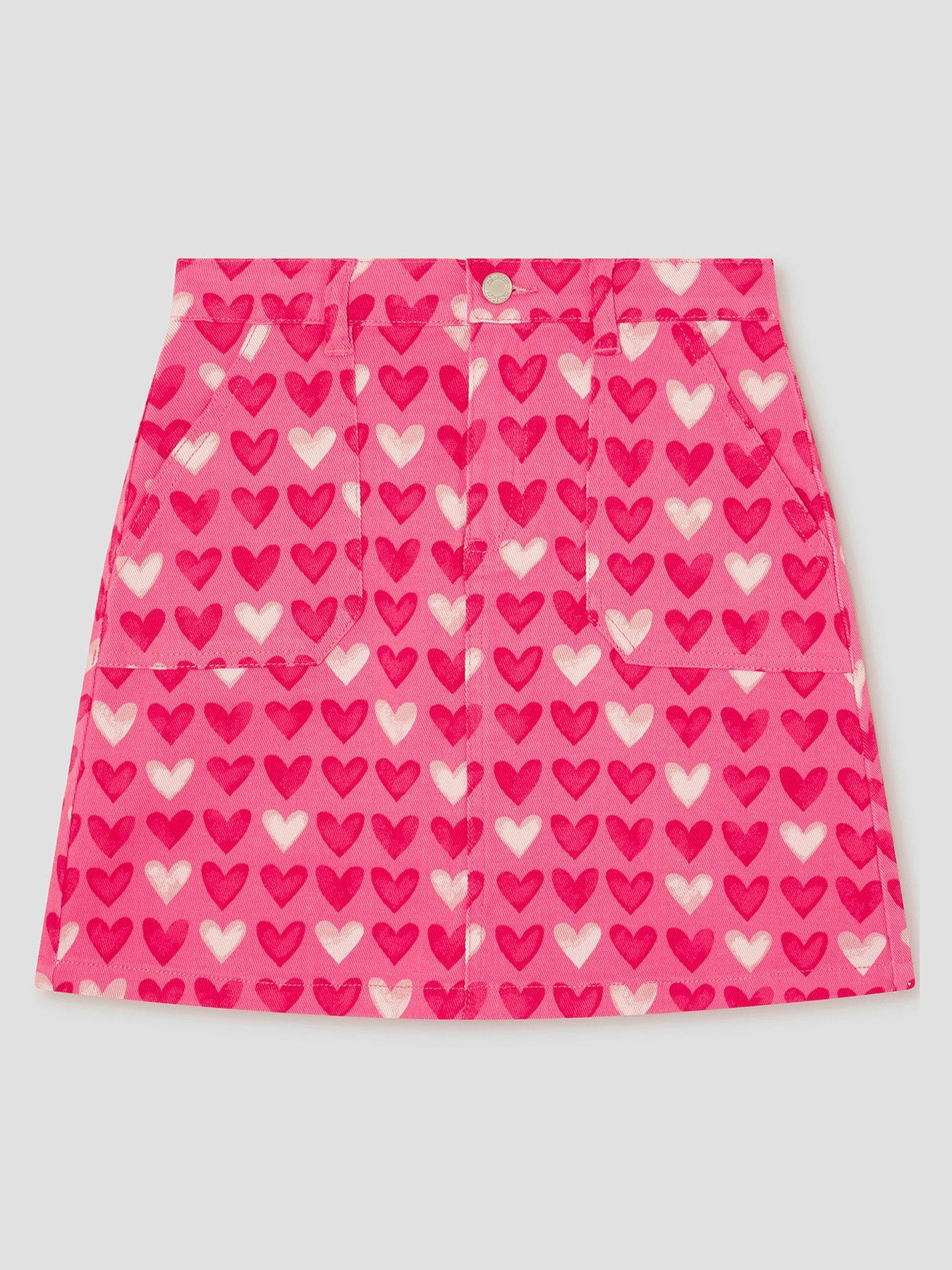 undefined Girls Heart Print Denim Skirt - Pink