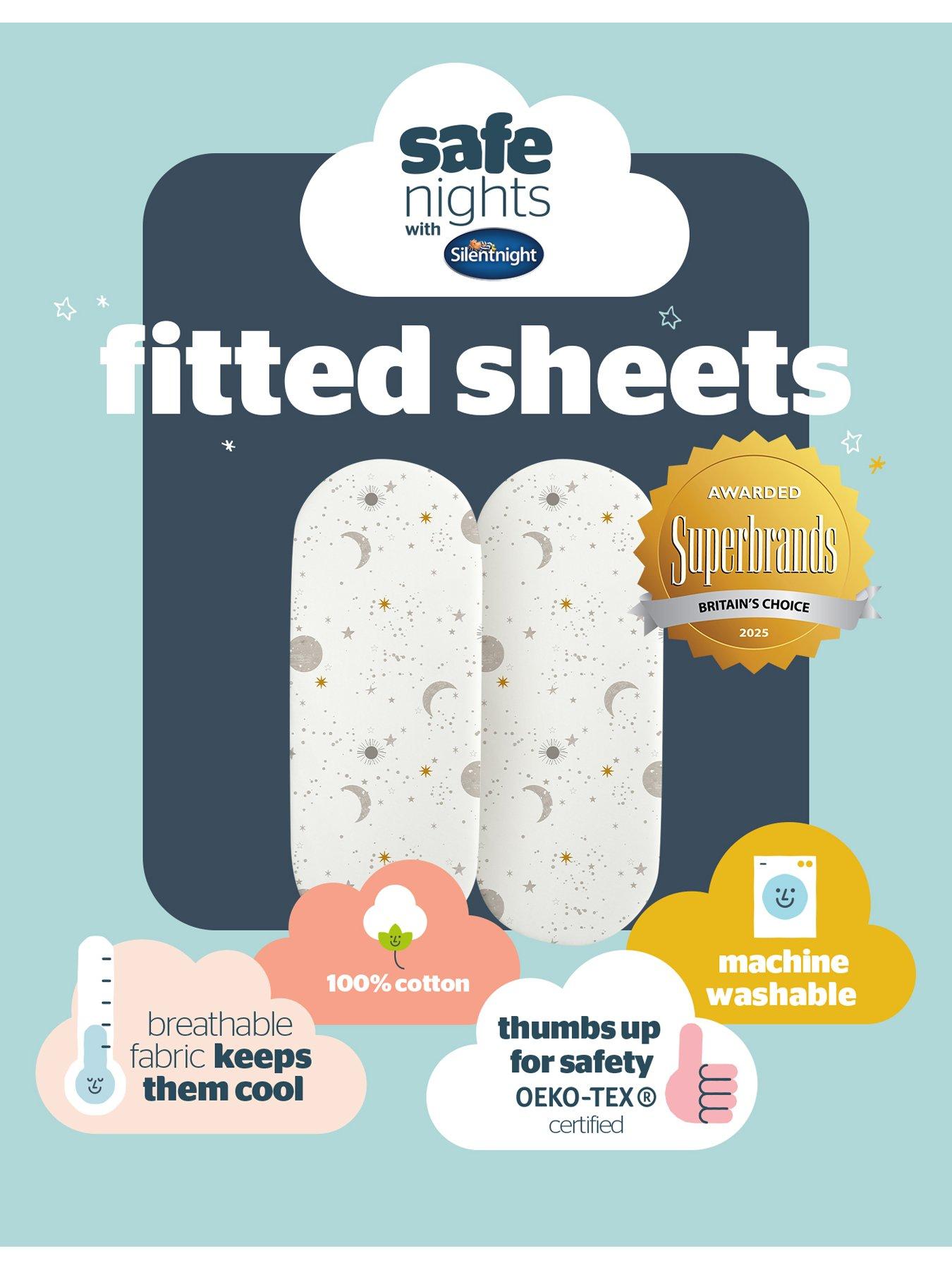 Image 7 of 7 of Silentnight Safe Nights Pack of 2 100% Cotton Moses Basket Fitted Sheets &ndash; Celestial
