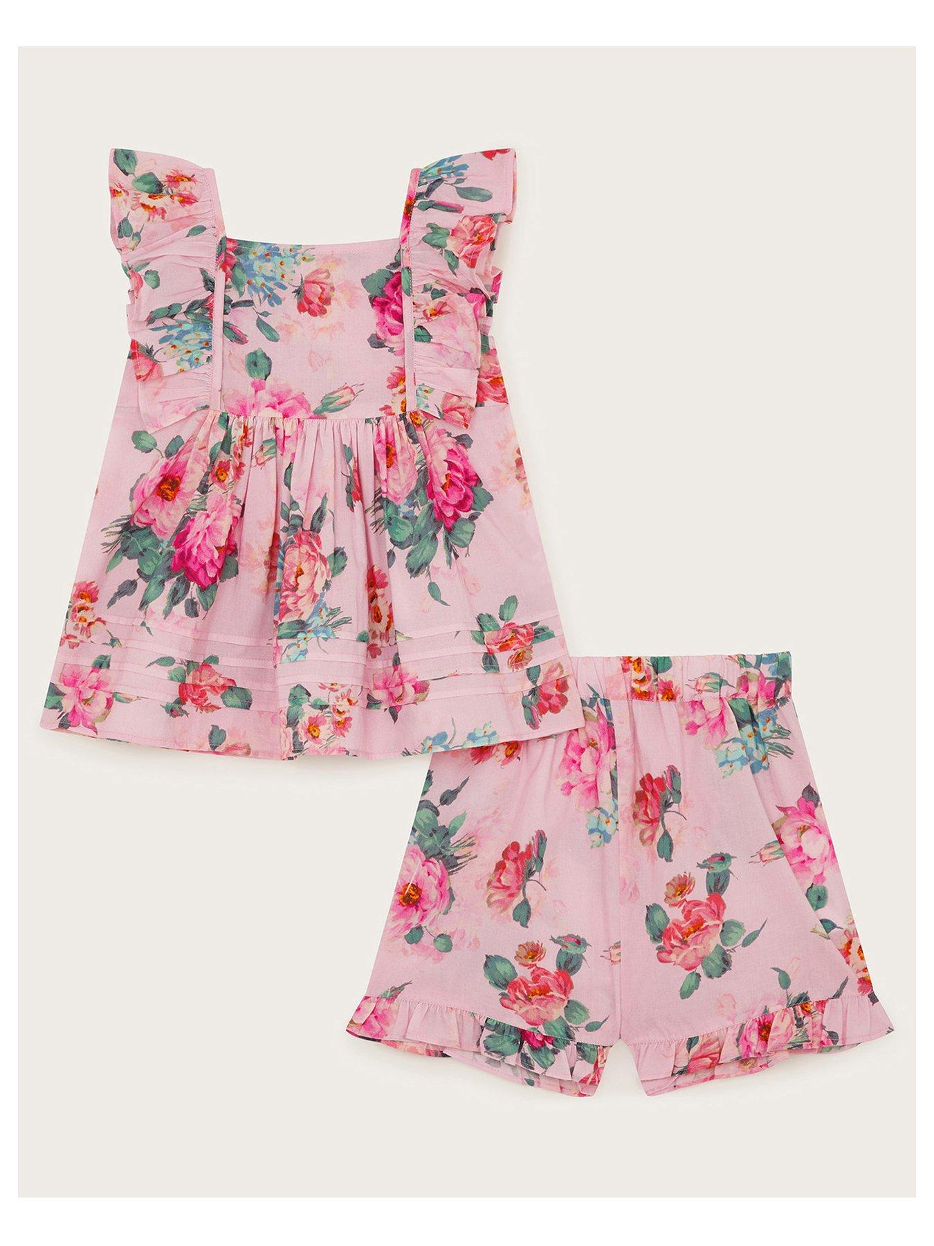 Image of Monsoon Baby Girls Vintage Floral Top And Shorts Set - Pink