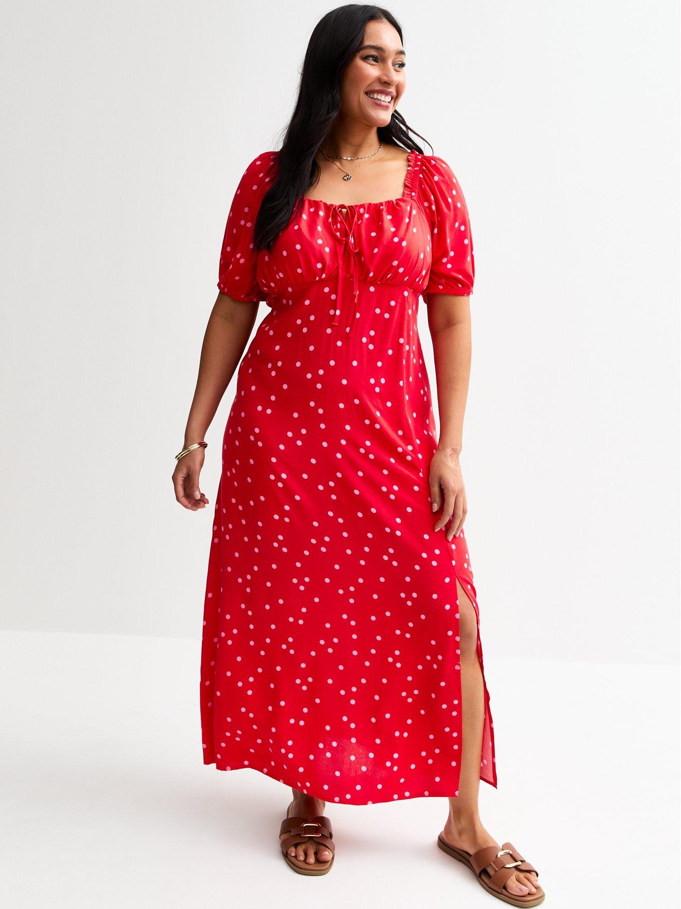 Image of New Look Curves Red Polka Dot Print Midi Dress