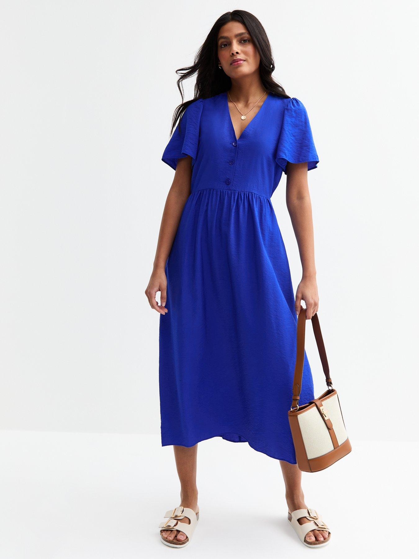 Image 1 of 3 of New Look Blue Flutter Sleeve Button Front Midi Dress