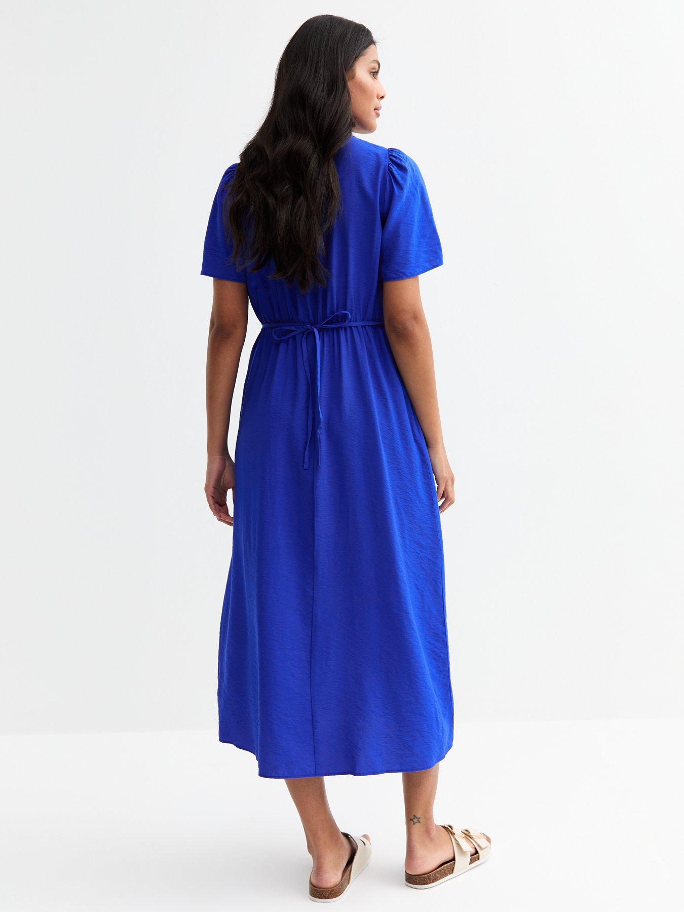 Image 2 of 3 of New Look Blue Flutter Sleeve Button Front Midi Dress