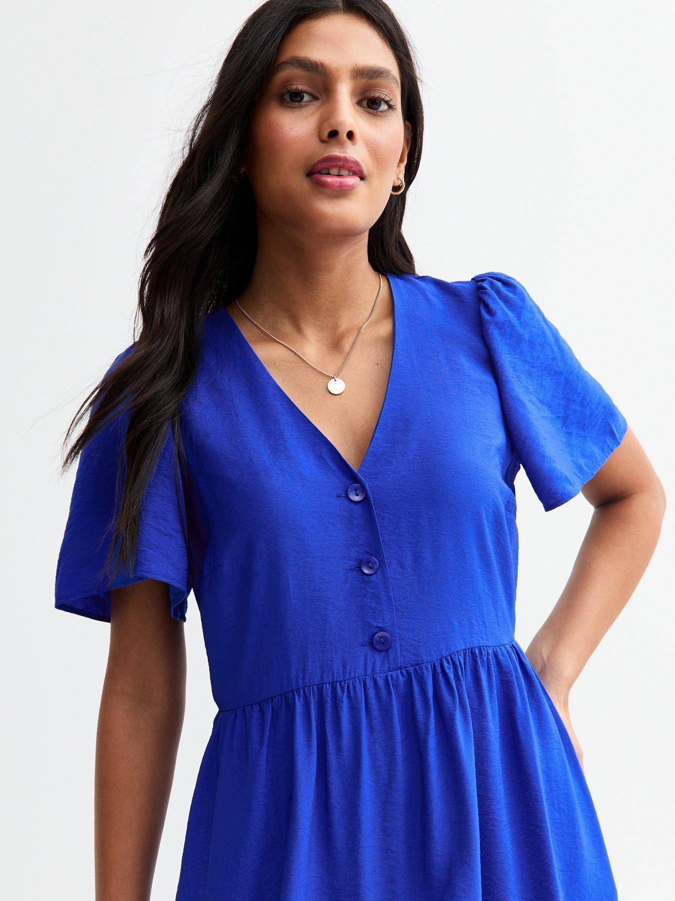 Image 3 of 3 of New Look Blue Flutter Sleeve Button Front Midi Dress