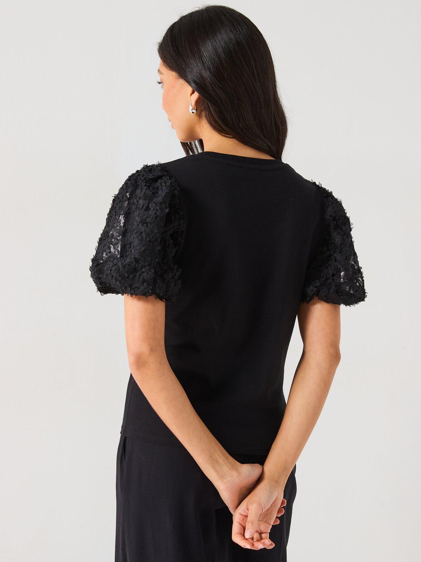 Image 2 of 6 of V by Very 3D Floral Puff Sleeve Top - Black
