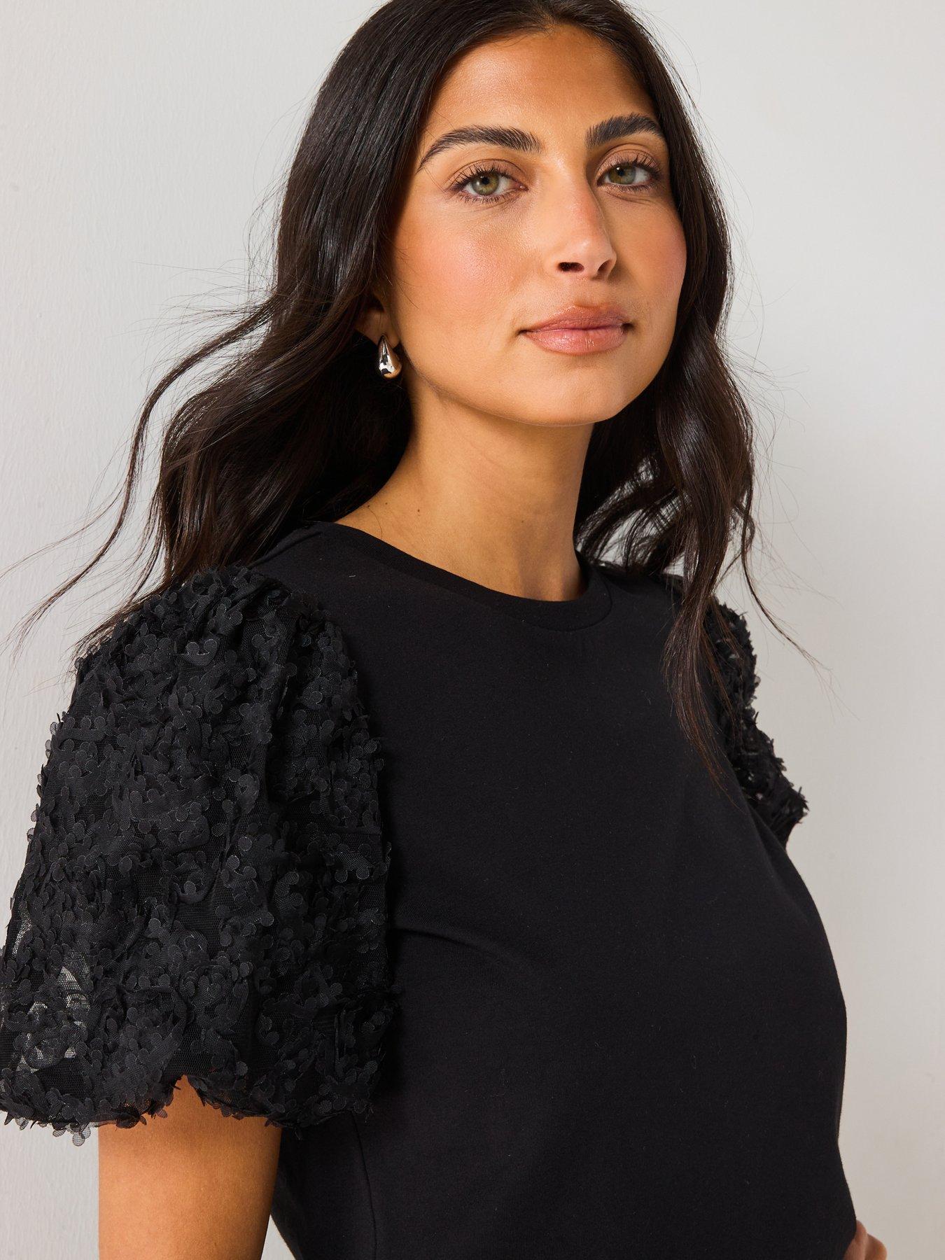 Image 4 of 6 of V by Very 3D Floral Puff Sleeve Top - Black