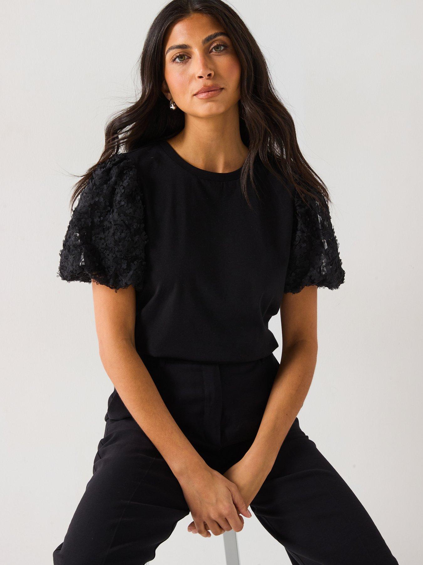 Image 6 of 6 of V by Very 3D Floral Puff Sleeve Top - Black