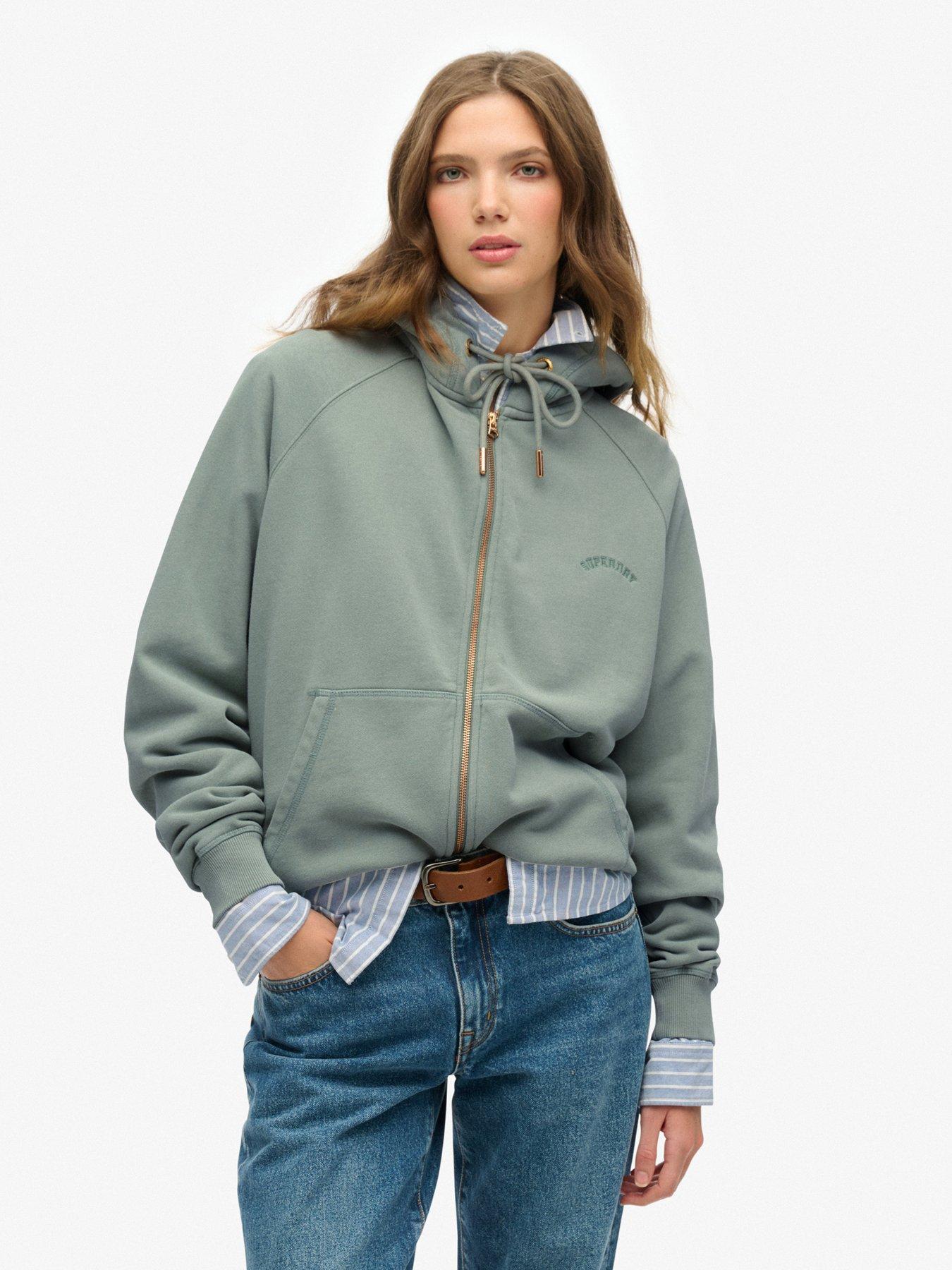 Superdry Essential Logo Oversized Raglan Zip Hoodie, Green, Size 12, Women