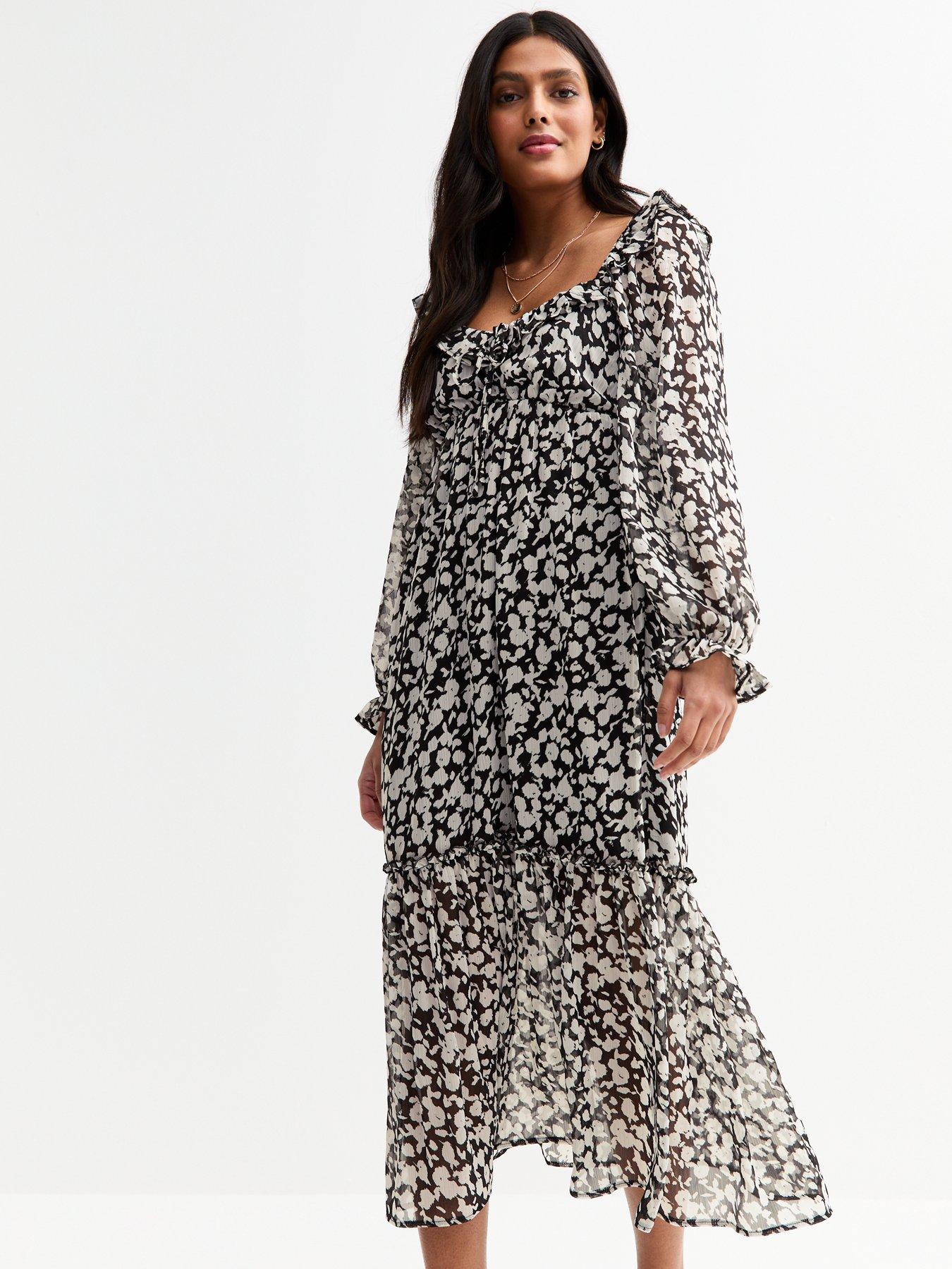 undefined White Printed Ruffle Sleeve Midi Dress