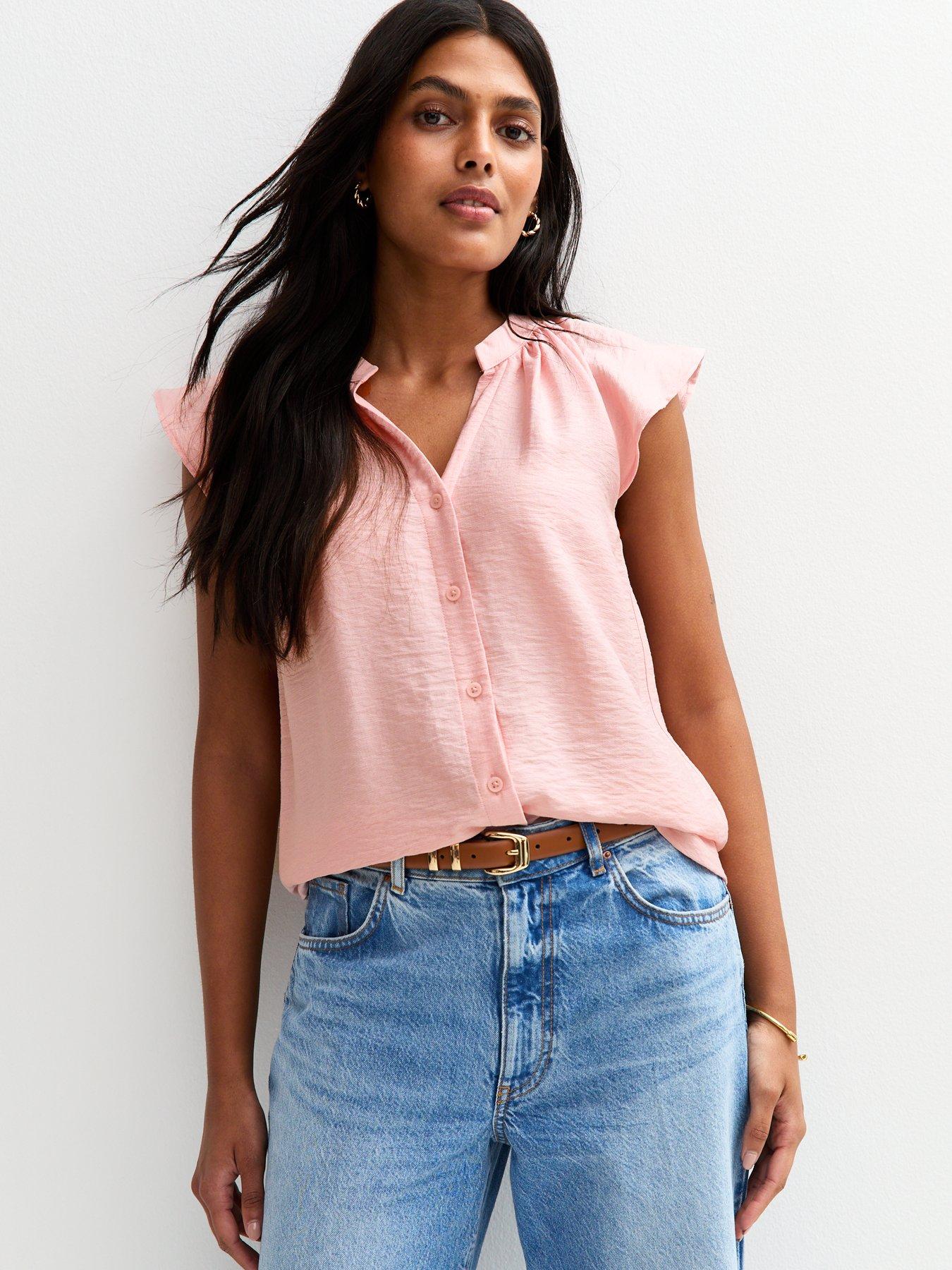 undefined Pink Flutter Sleeve Button Up Top