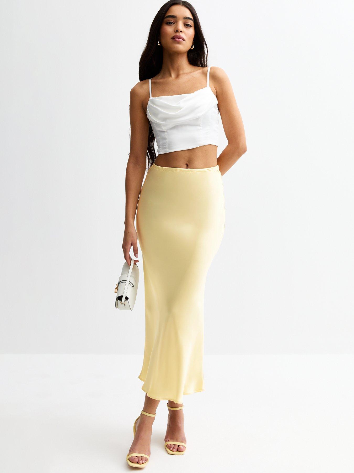 undefined Light Yellow Bias Cut Satin Midi Skirt