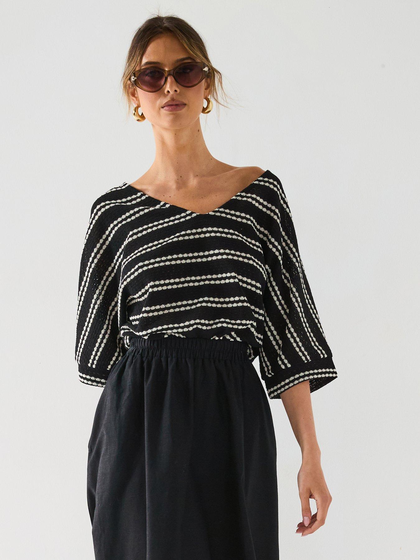 undefined Half Sleeve Loose Fit Stripe Top - Black