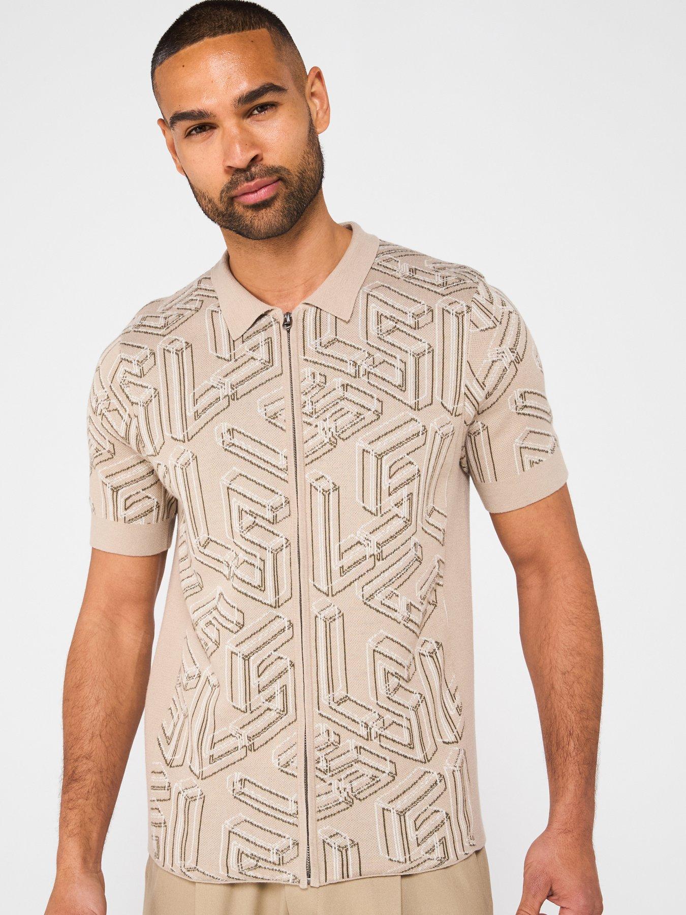 undefined Emblem Double Knit Zip Through Shirt - Natural