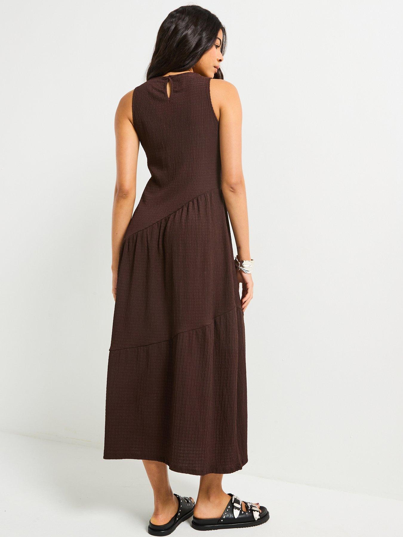 Image 2 of 6 of V by Very Asymmetric Textured Tiered Midaxi Dress - Brown