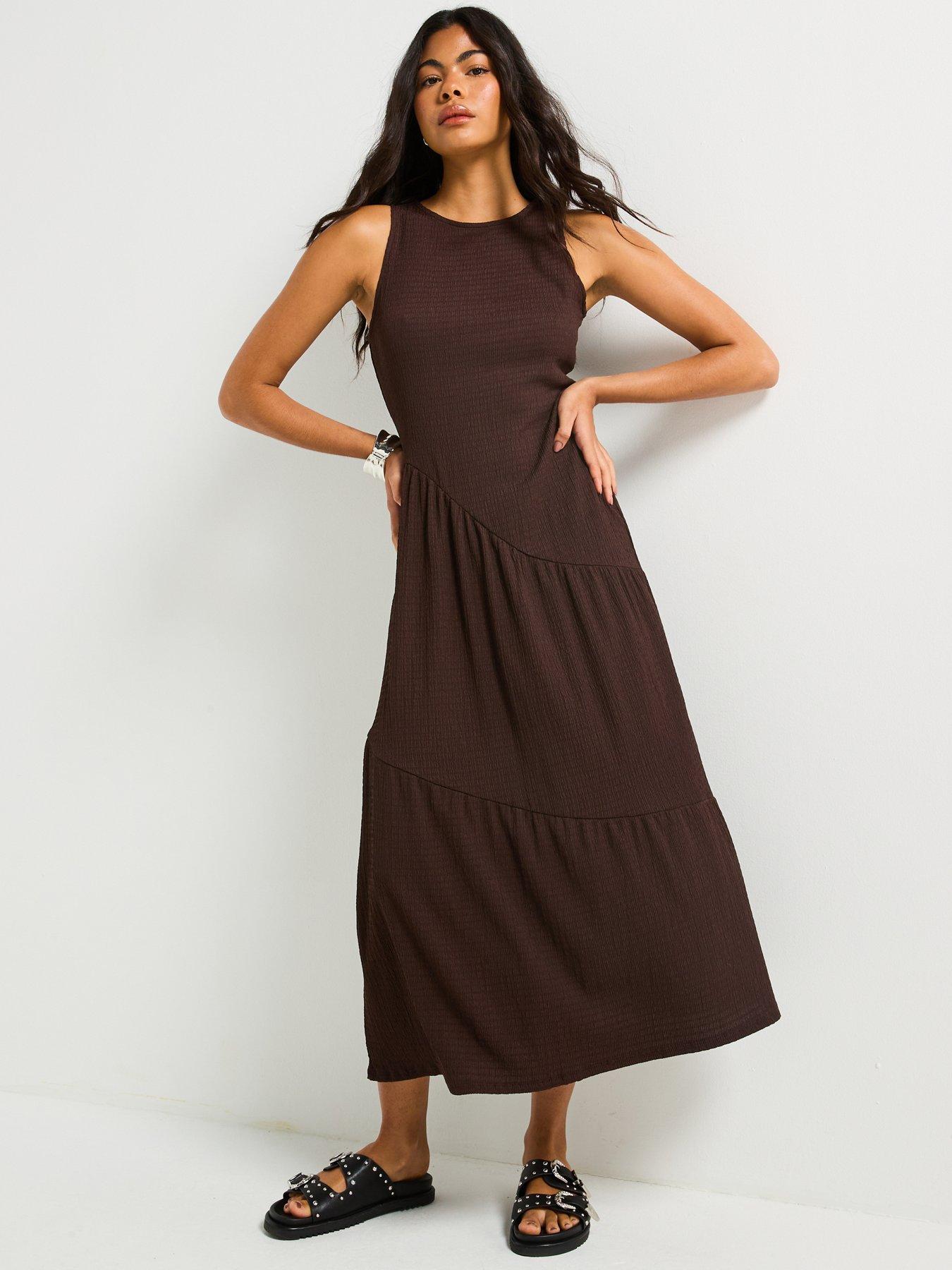 Image 3 of 6 of V by Very Asymmetric Textured Tiered Midaxi Dress - Brown