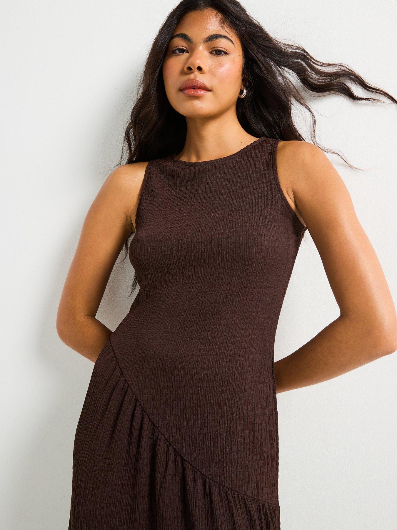 Image 4 of 6 of V by Very Asymmetric Textured Tiered Midaxi Dress - Brown