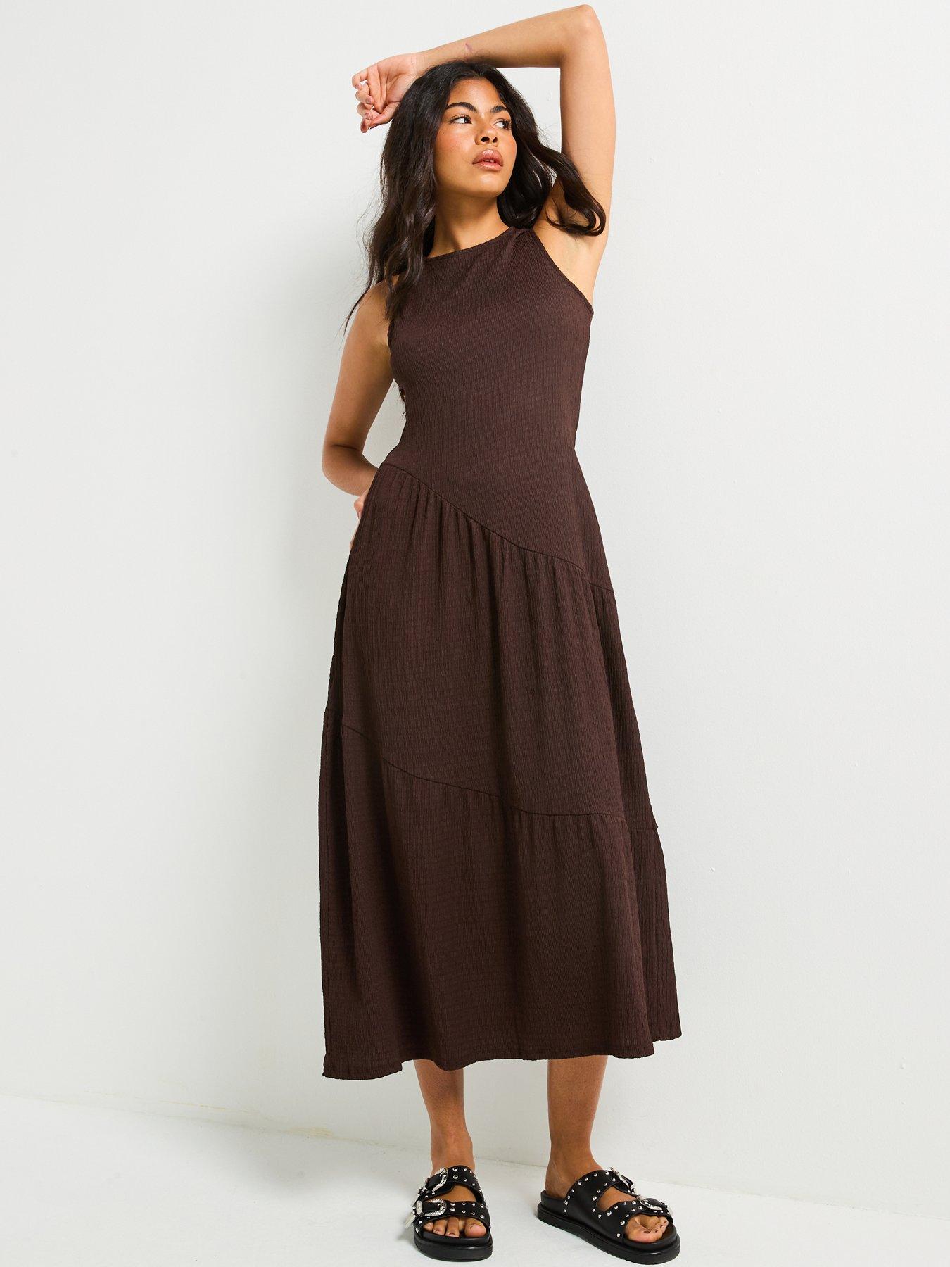 Image 5 of 6 of V by Very Asymmetric Textured Tiered Midaxi Dress - Brown