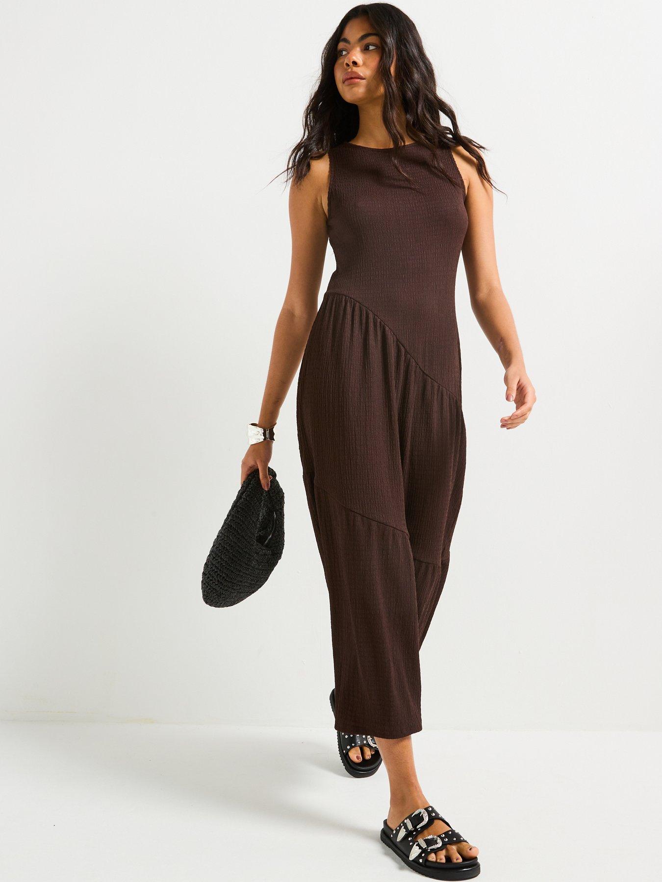 Image 6 of 6 of V by Very Asymmetric Textured Tiered Midaxi Dress - Brown