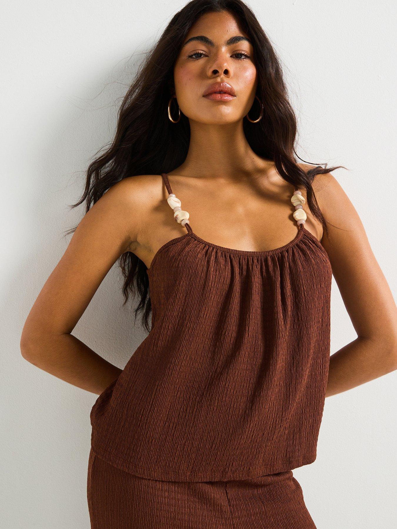 undefined Bead Detail Strappy Textured Cami Top Co-Ord - Brown