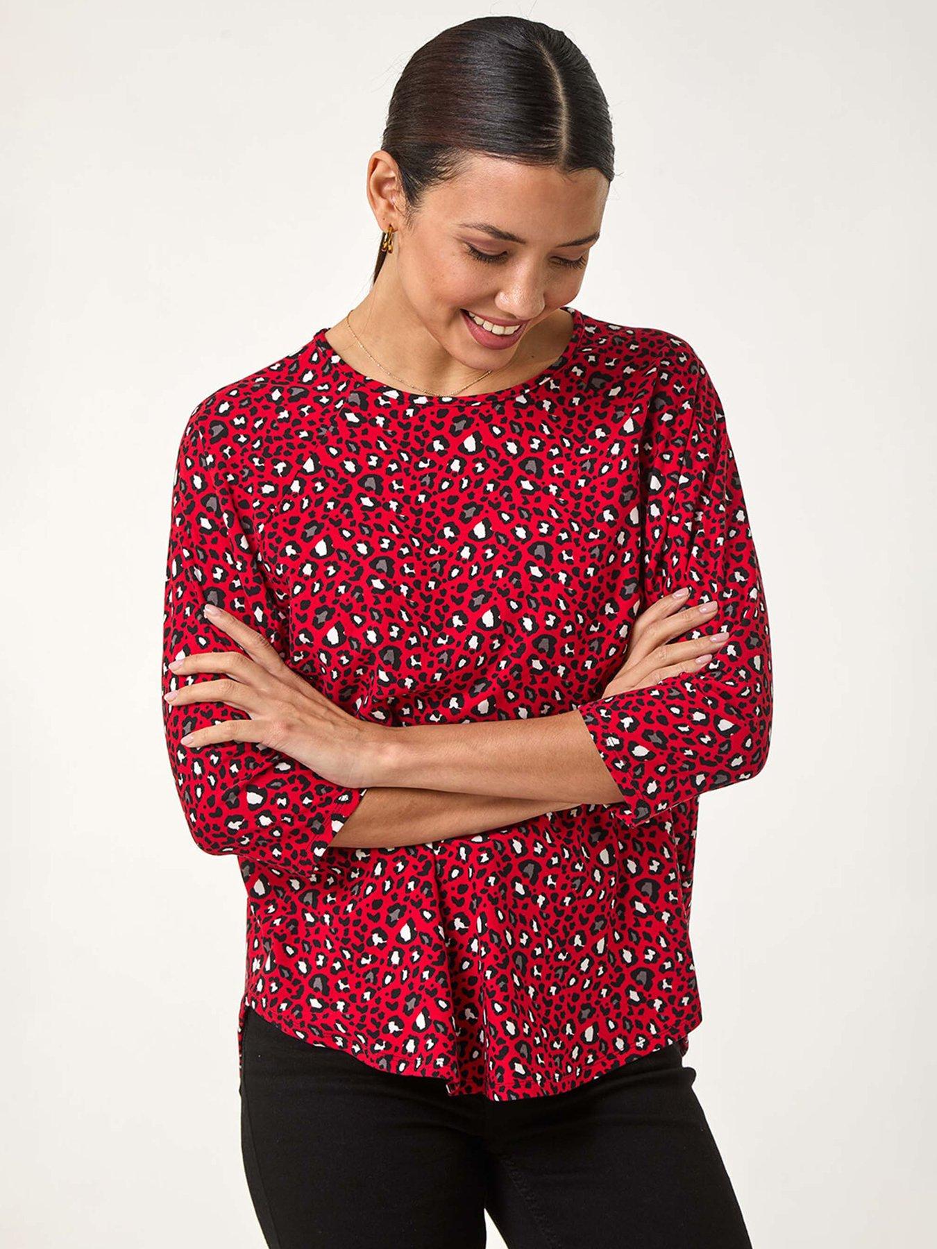 undefined Animal Print Raglan Sleeve Stretch Top - Red