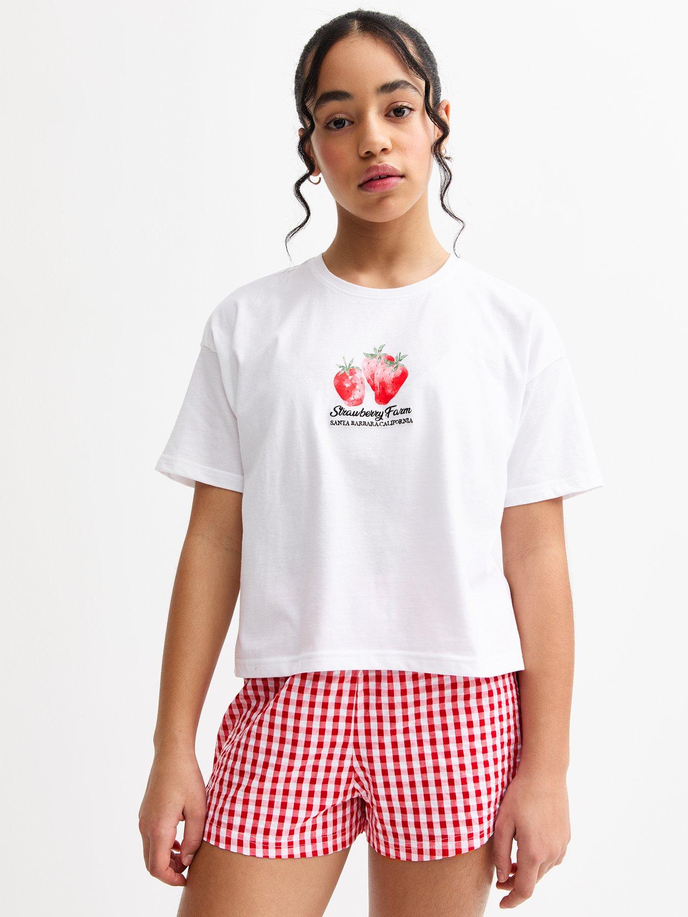 undefined Girls White And Red Strawberry Print Shorts Pyjama Set