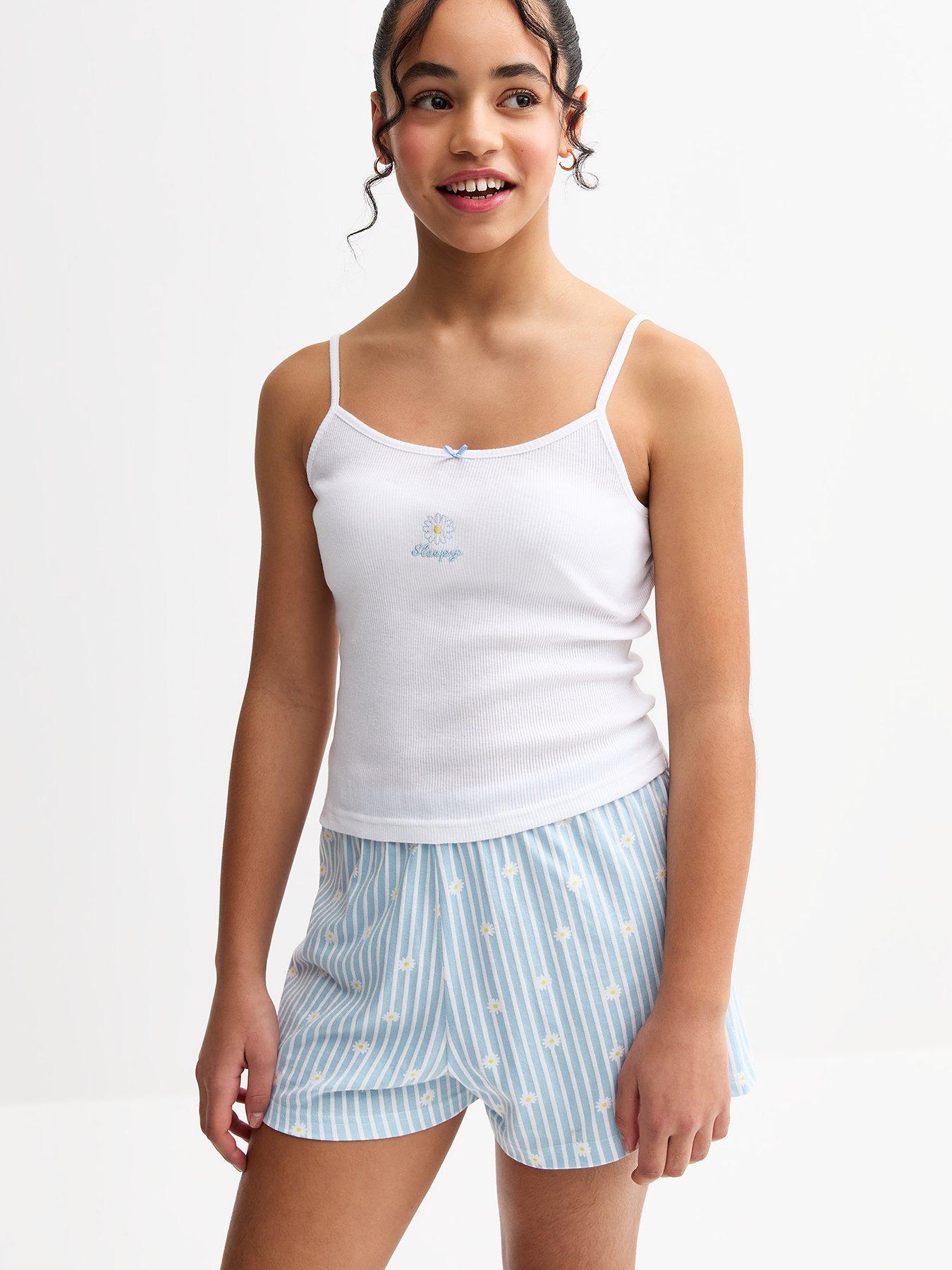 undefined Girls Daisy Embroidered Rib Cami Pyjama Set - White