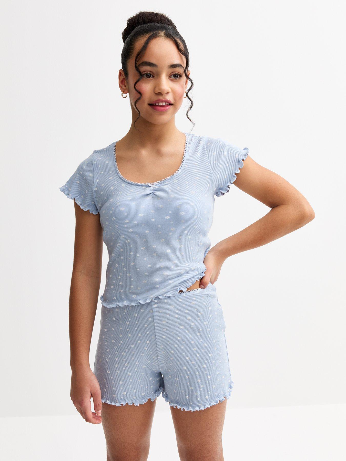 undefined Girls Blue Ditsy Floral Print Lettuce Trim T-shirt And Shorts Pyjama Set