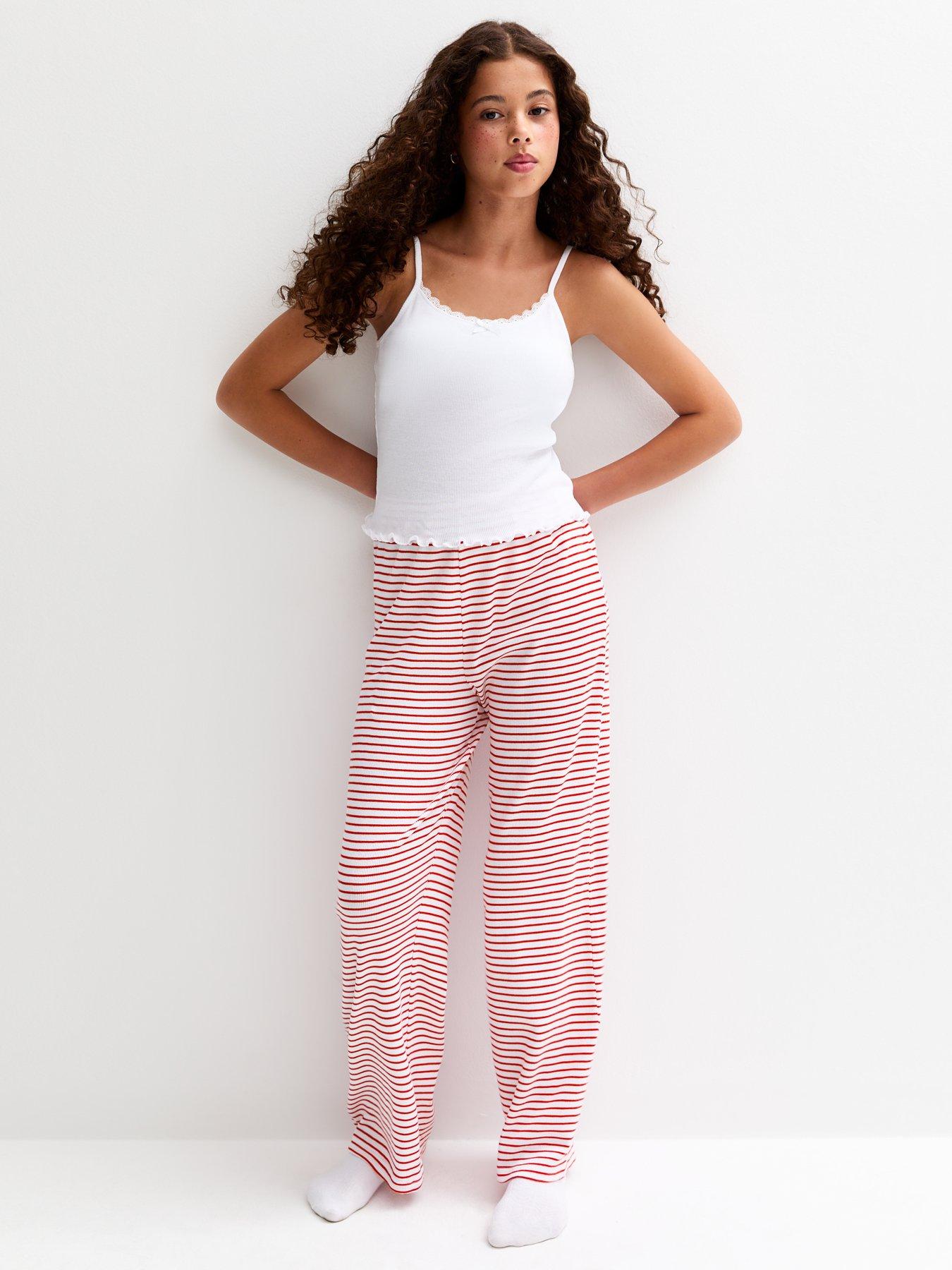 undefined Girls White Cami Top And Striped Trousers Pyjama Set