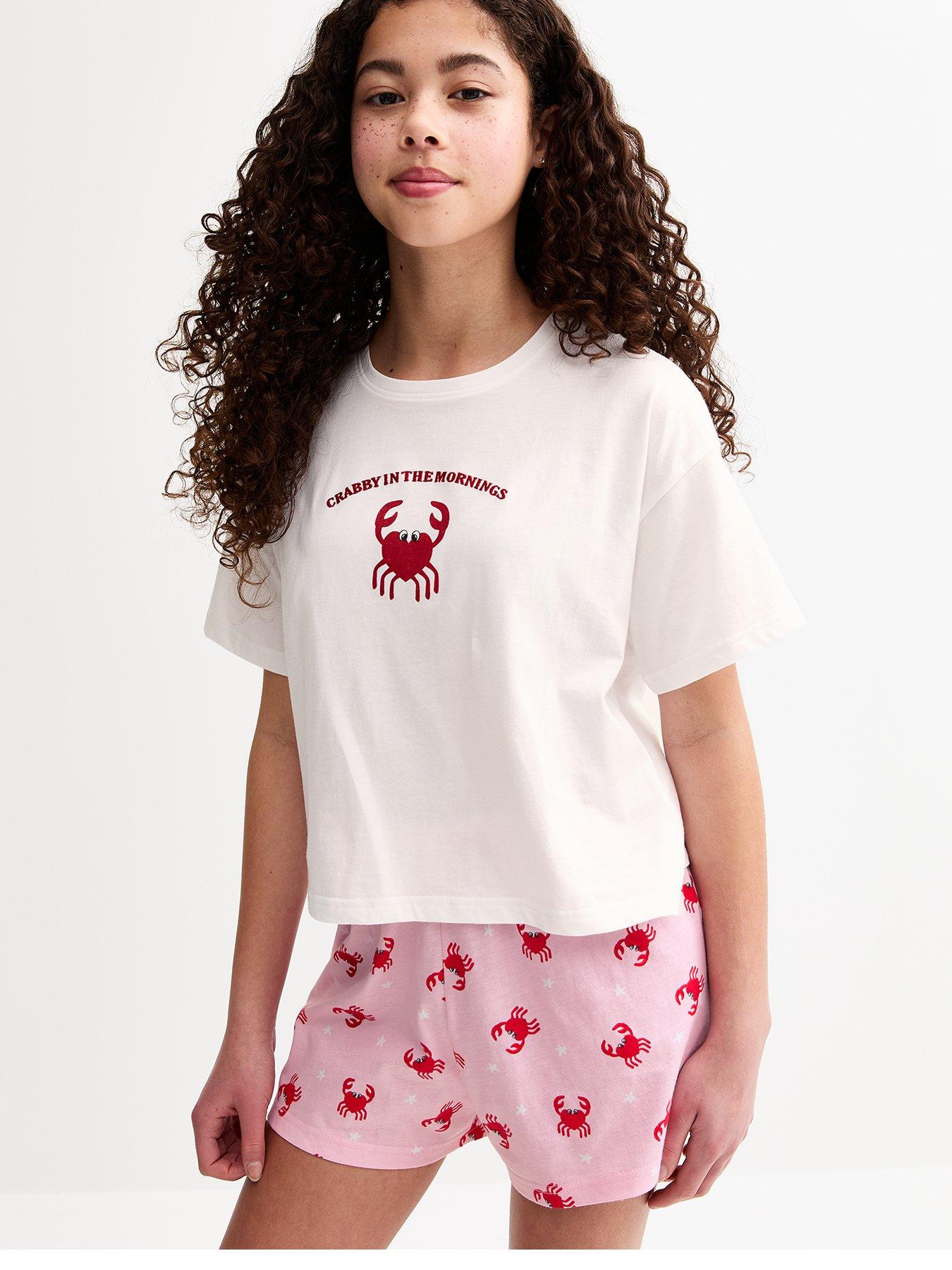 undefined Girls Crab Print T-Shirt And Shorts Pyjama Set - White