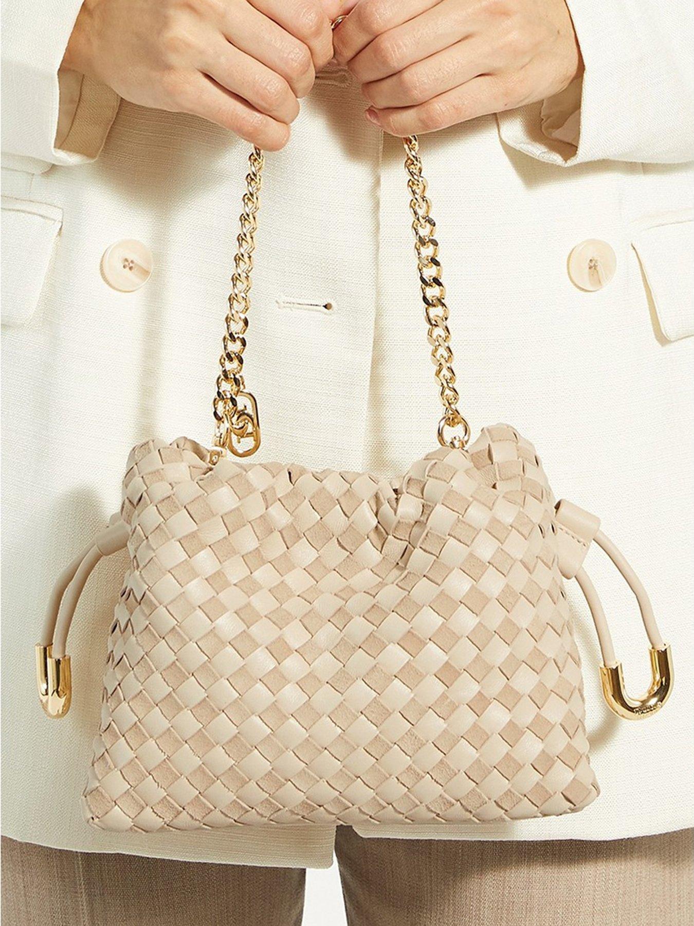 Dune London Primrose S Small Drawstring Woven Leather Bag Ecru