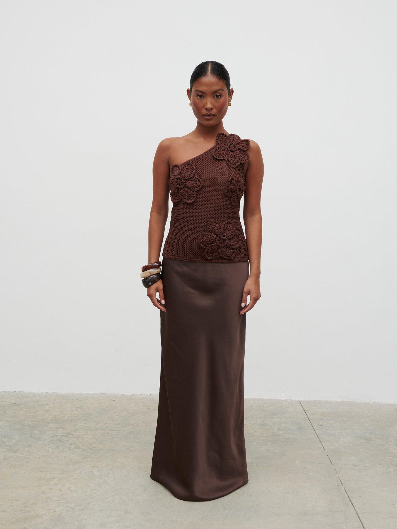 Image 1 of 4 of Pretty Lavish Breya Satin Maxi Skirt - Brown