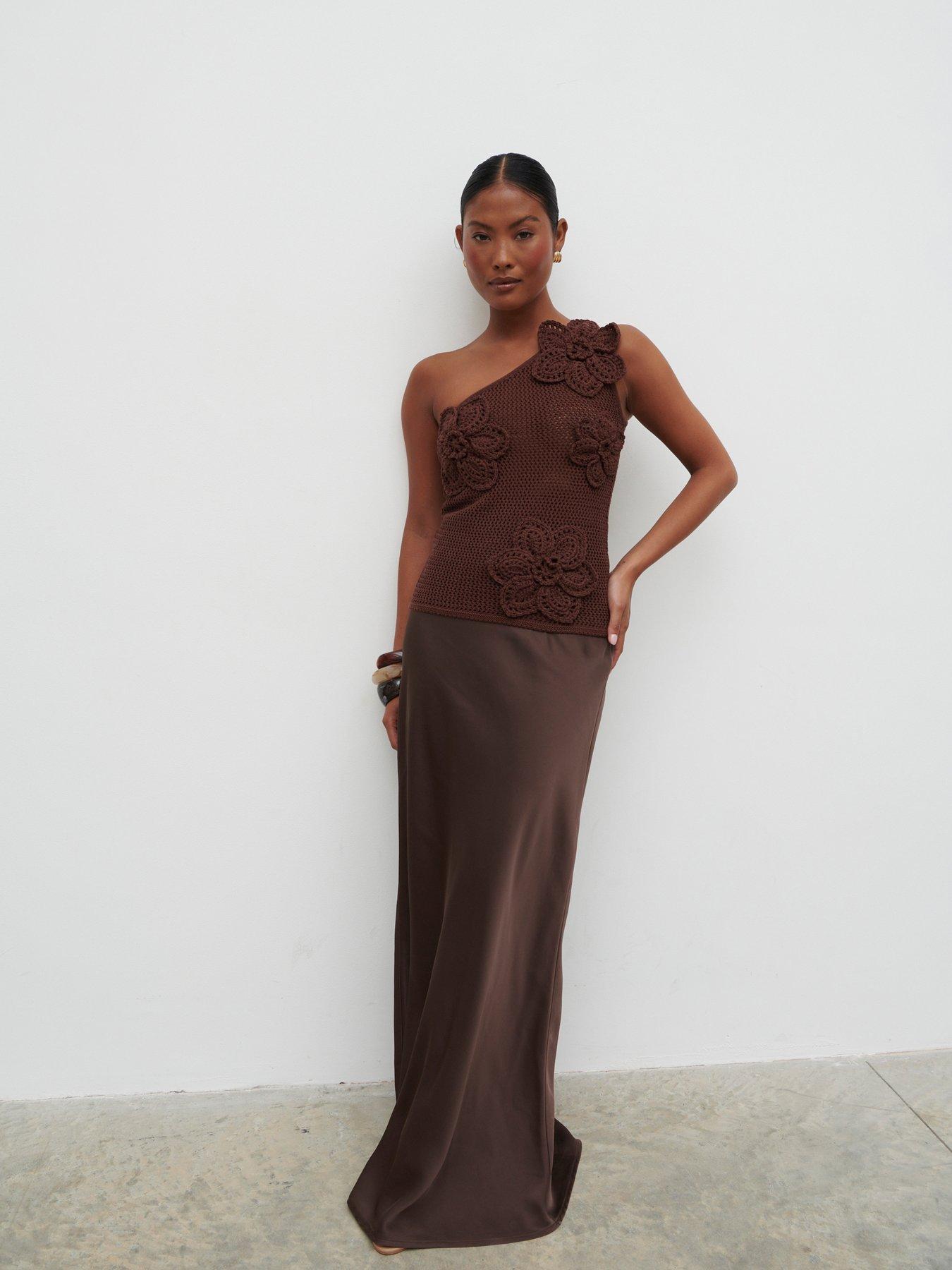Image 3 of 4 of Pretty Lavish Breya Satin Maxi Skirt - Brown