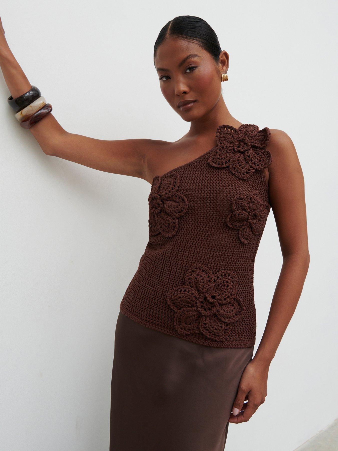 undefined Megan Crochet Flower Top - Brown