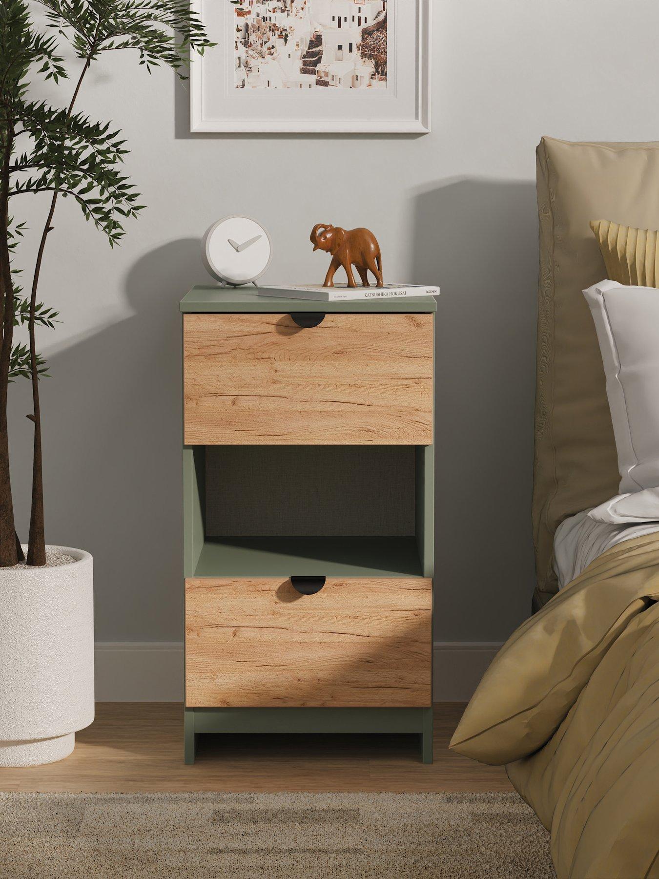 undefined Nefeli Ready Assembled 2 Drawer Bedside Table - Green/Oak