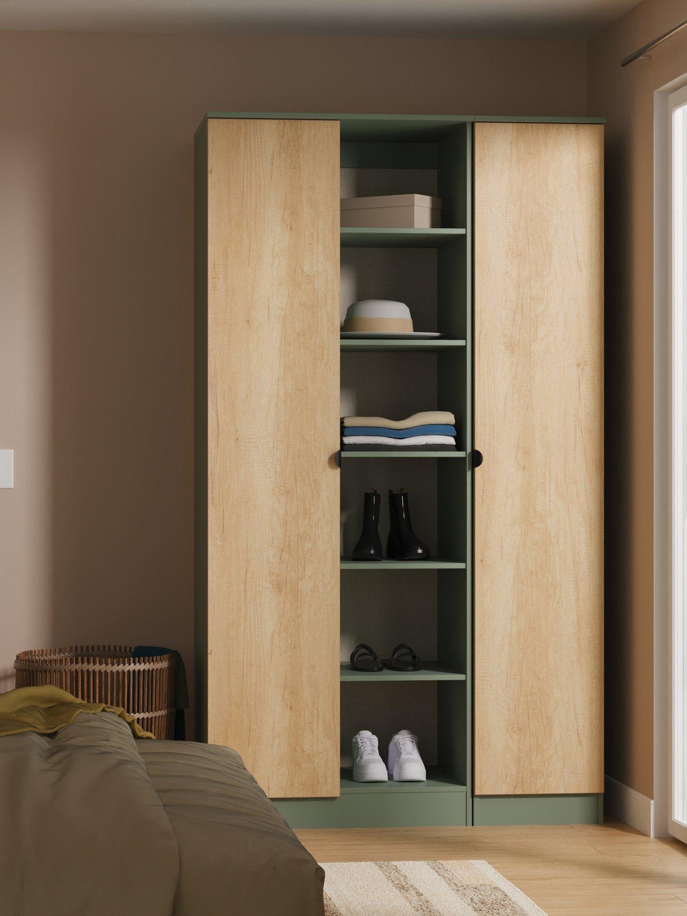 SWIFT Nefeli Ready Assembled Triple 2 Door Wardrobe with Shelving - Green/Oak
