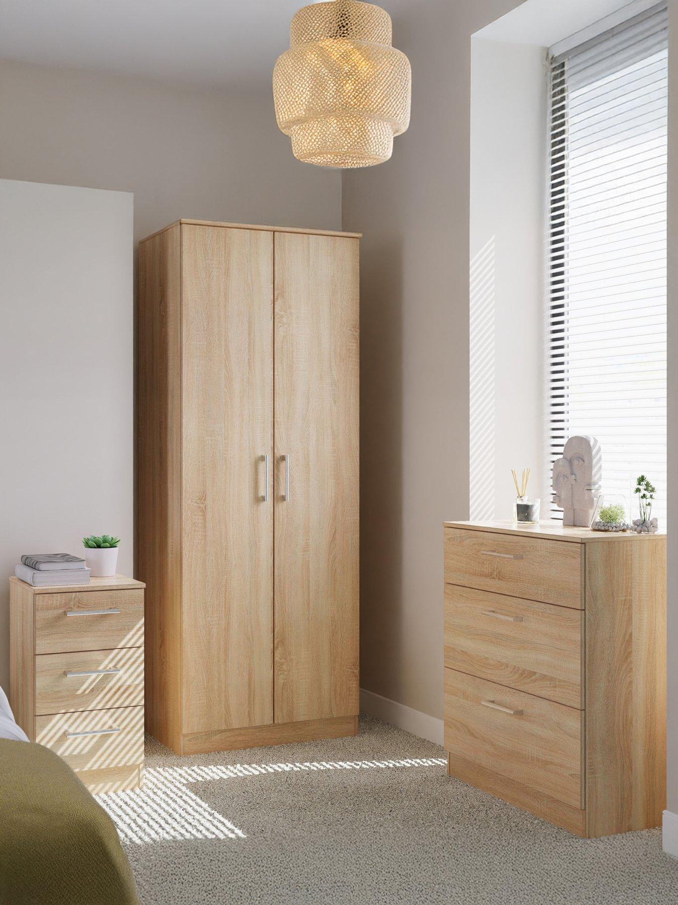 undefined Chester Ready Assembled Bedroom Furniture Package - 2 Door Wardrobe, 3 Drawer Chest and 3 Bedside Table