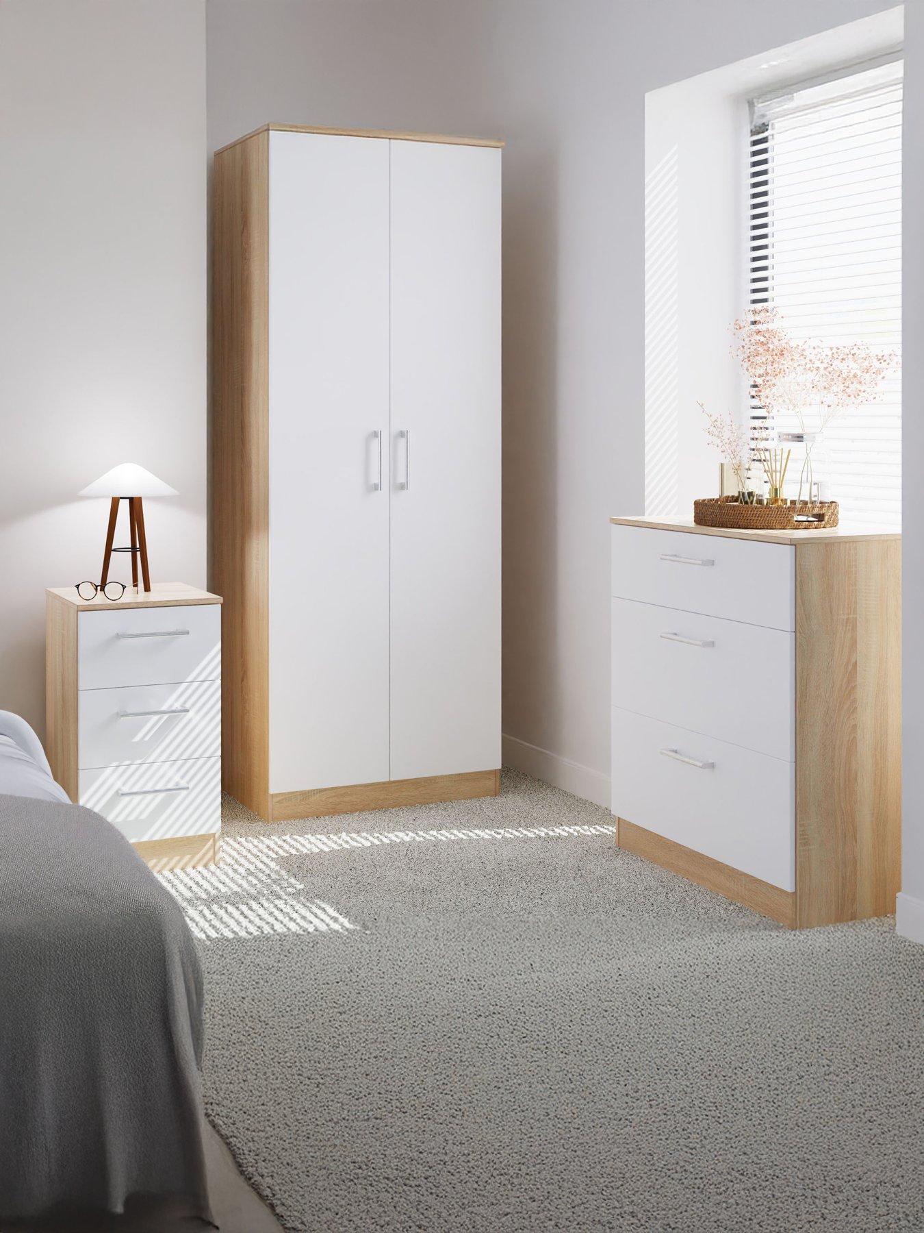 undefined Chester Ready Assembled Bedroom Furniture Package - 2 Door Wardrobe, 3 Drawer Chest and 3 Bedside Table