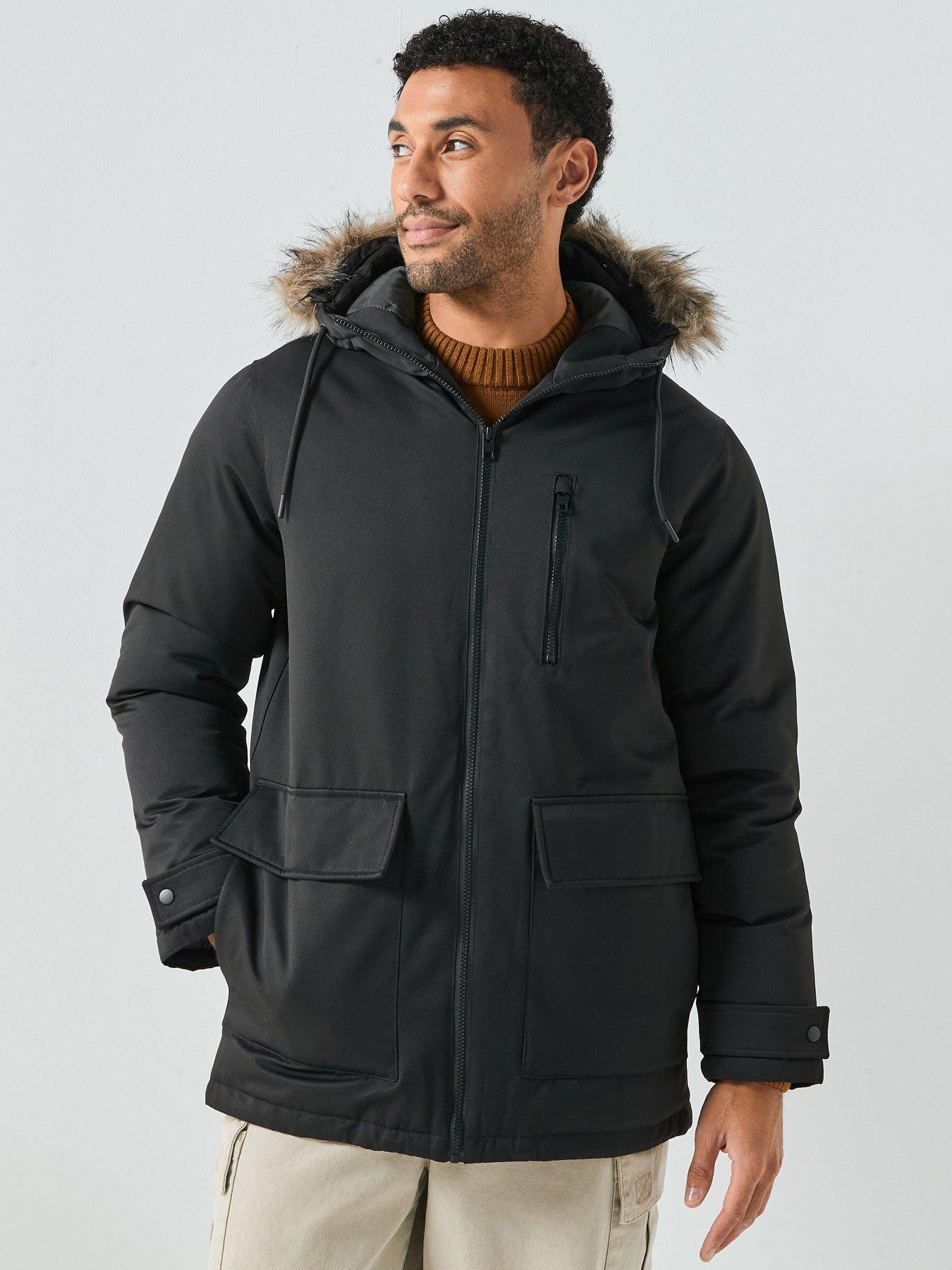Jack & Jones Charlie Detachable Faux Fur Parka Coat - Black