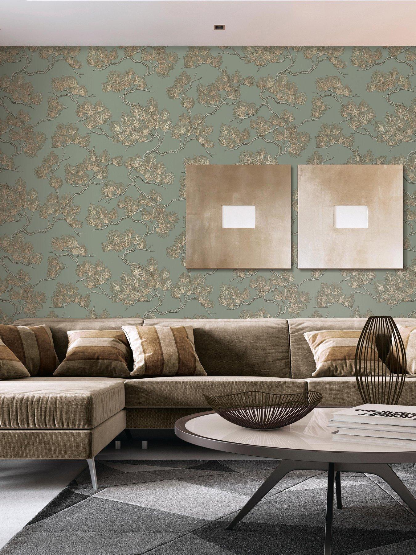 Design ID Wall Fabric Pine Tree Wallpaper - Sage/gold