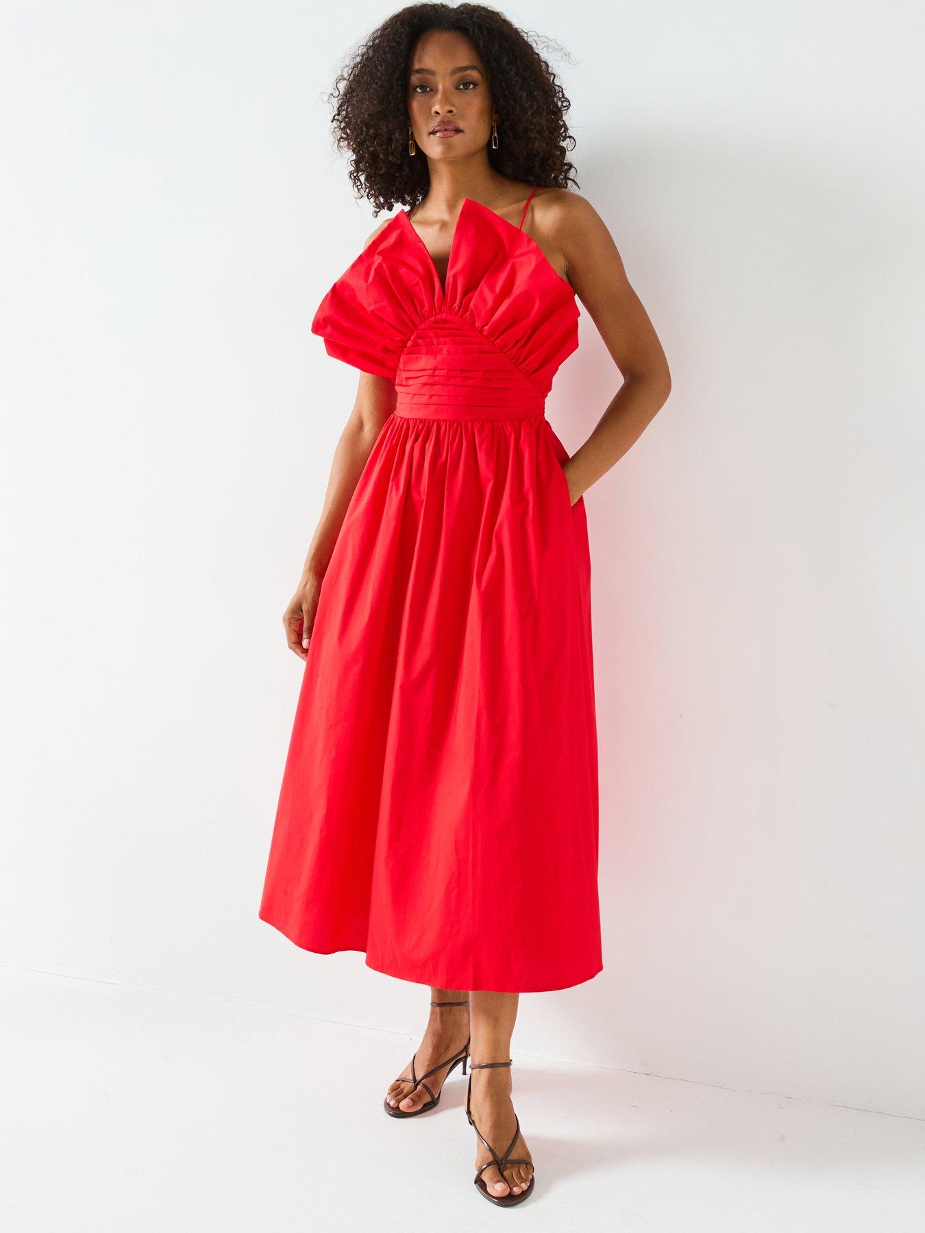 Mei Meij Unique Bodice Midi Dress- Goji Berry Red
