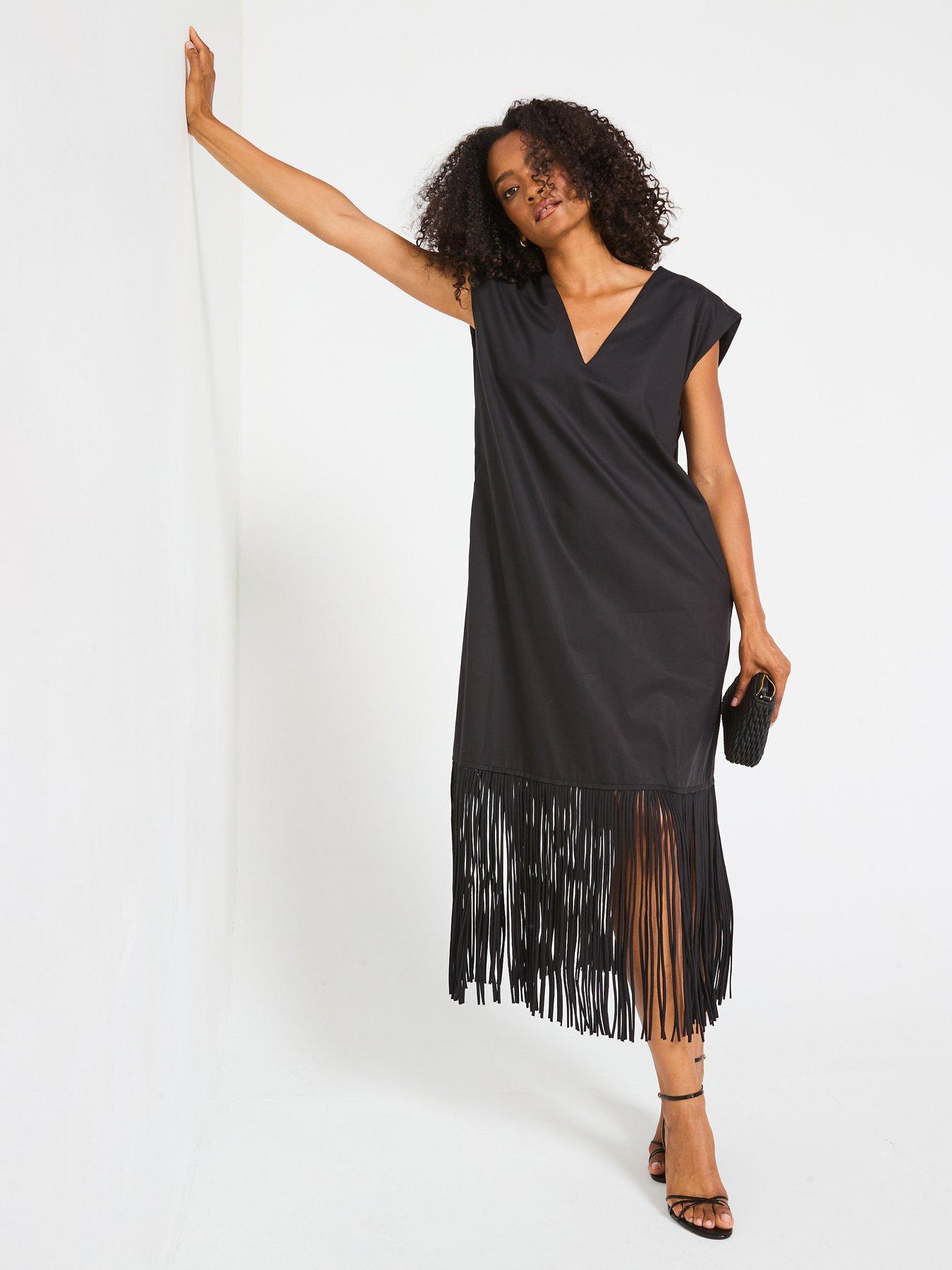 undefined Fringed Midi Dress- Black