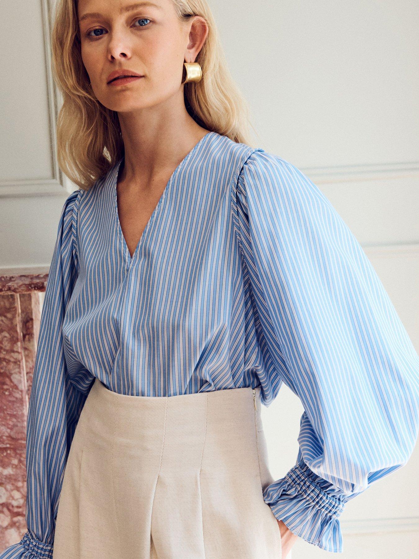 undefined Remi V Neck Gathered Cuff Shirt - Blue